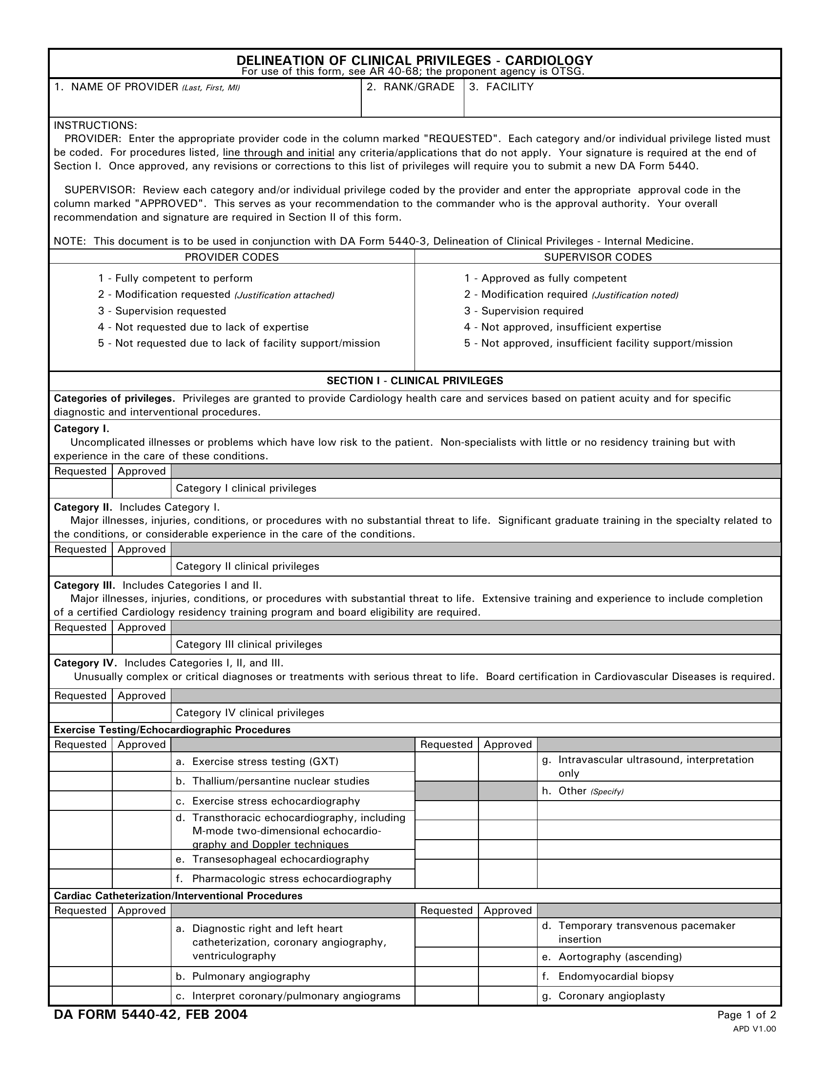 DA Form 5440-42. Delineation of Clinical Privileges - Cardiology | Forms - Docs - 2023