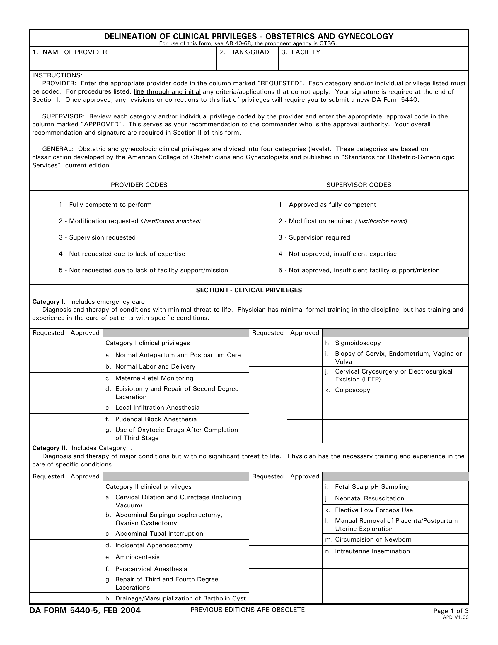 DA Form 5440-5. Delineation of Clinical Privileges-Obstetrics and Gynecology | Forms - Docs - 2023