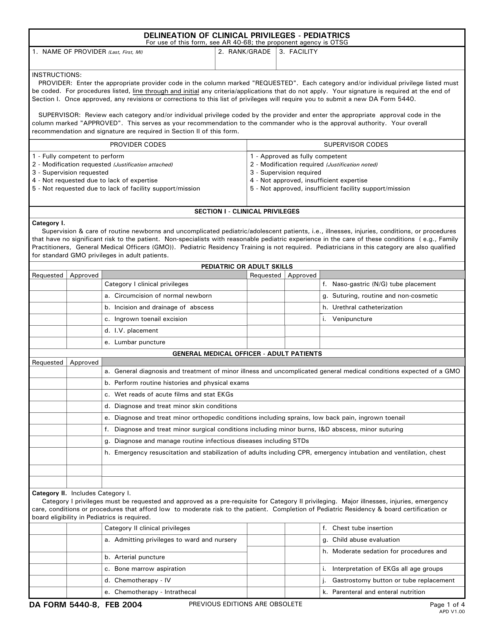 DA Form 5440-8. Delineation of Clinical Privileges-Pediatrics | Forms ...