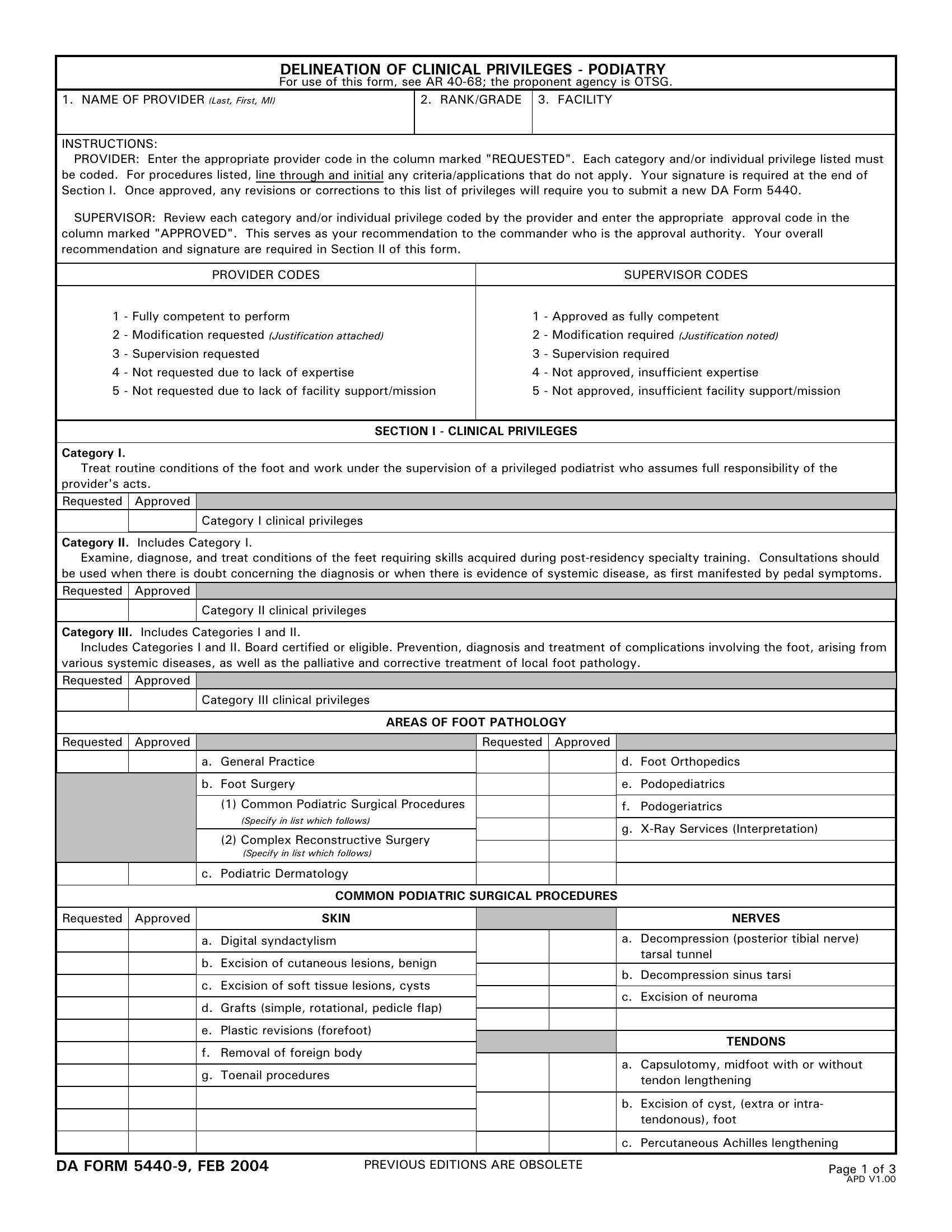 DA Form 5440-9. Delineation of Clinical Privileges-Podiatry | Forms - Docs - 2023