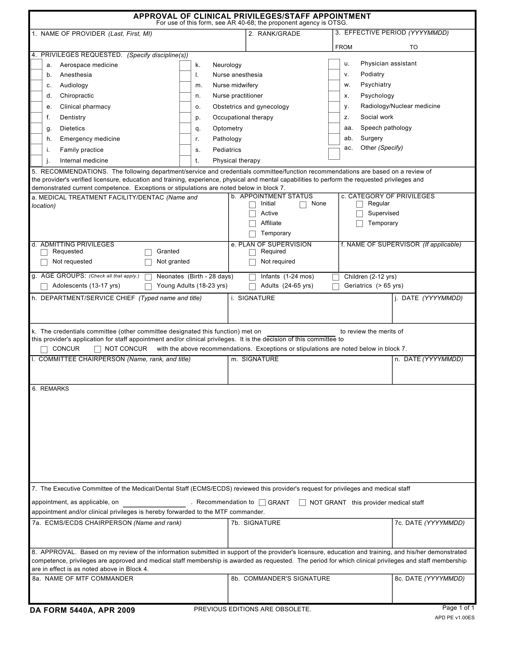 DA Form 5440a. Approval of Clinical Privileges/Staff Appointment | Forms - Docs - 2023