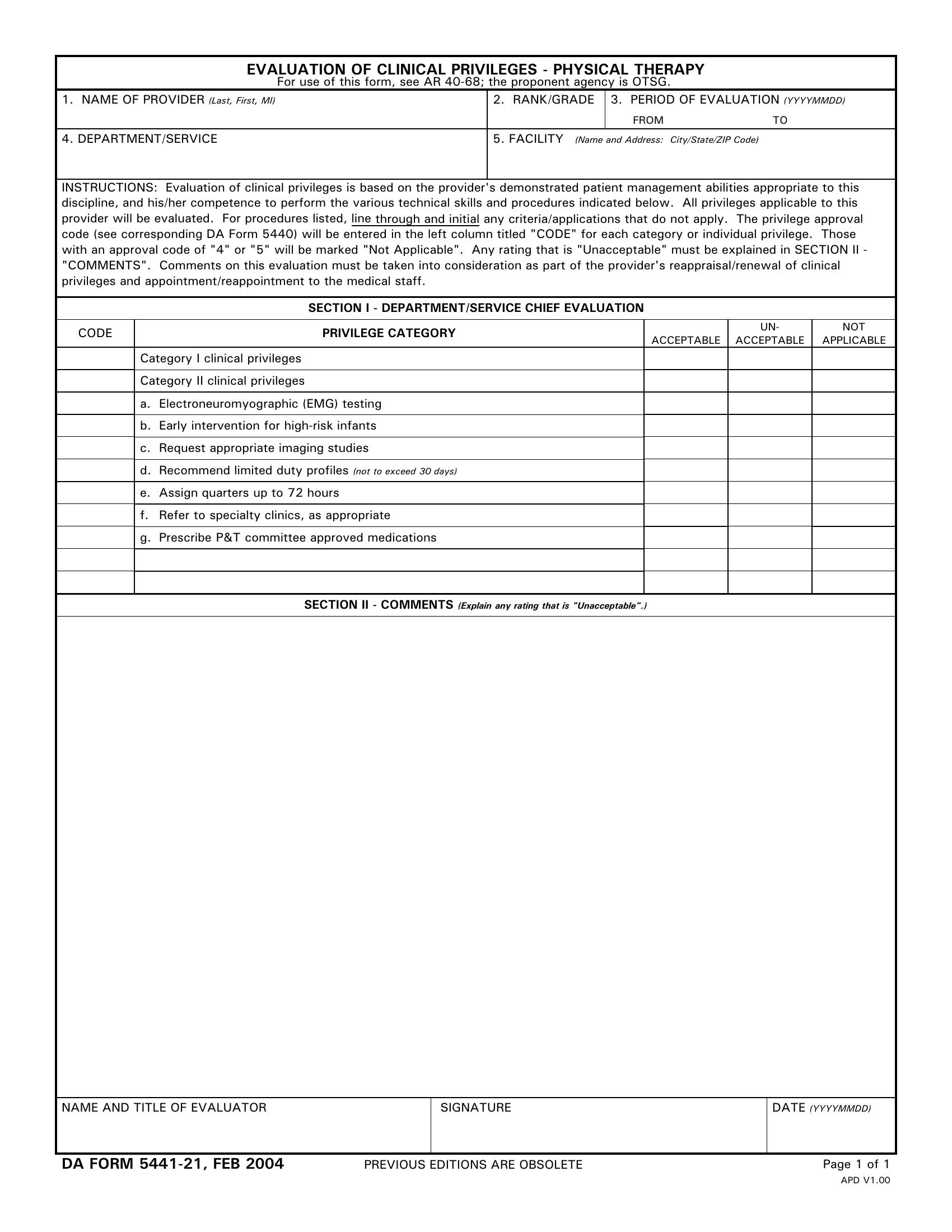 DA Form 5441-21. Evaluation of Clinical Privileges - Physical Therapy | Forms - Docs - 2023