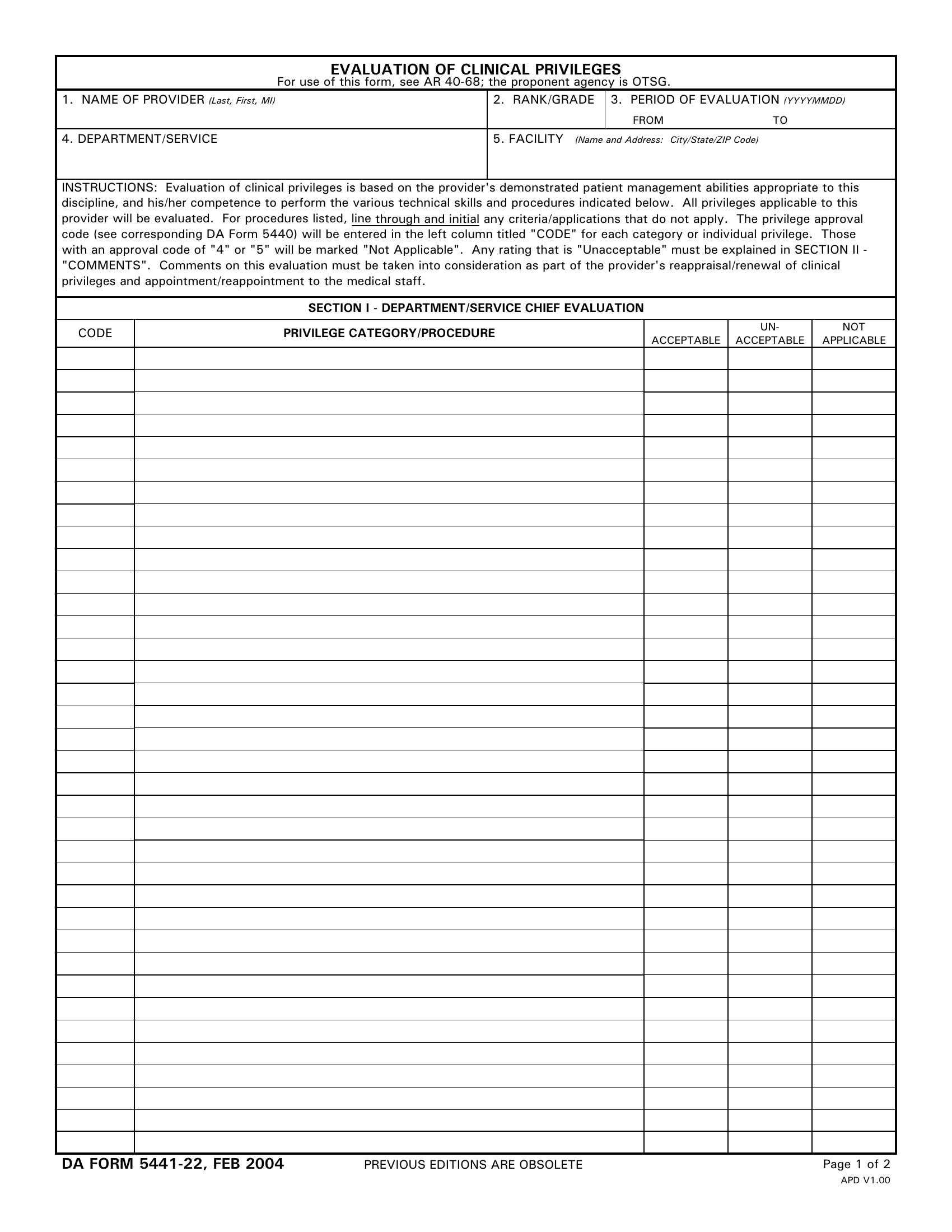 DA Form 5441-22. Evaluation of Clinical Privileges | Forms - Docs - 2023