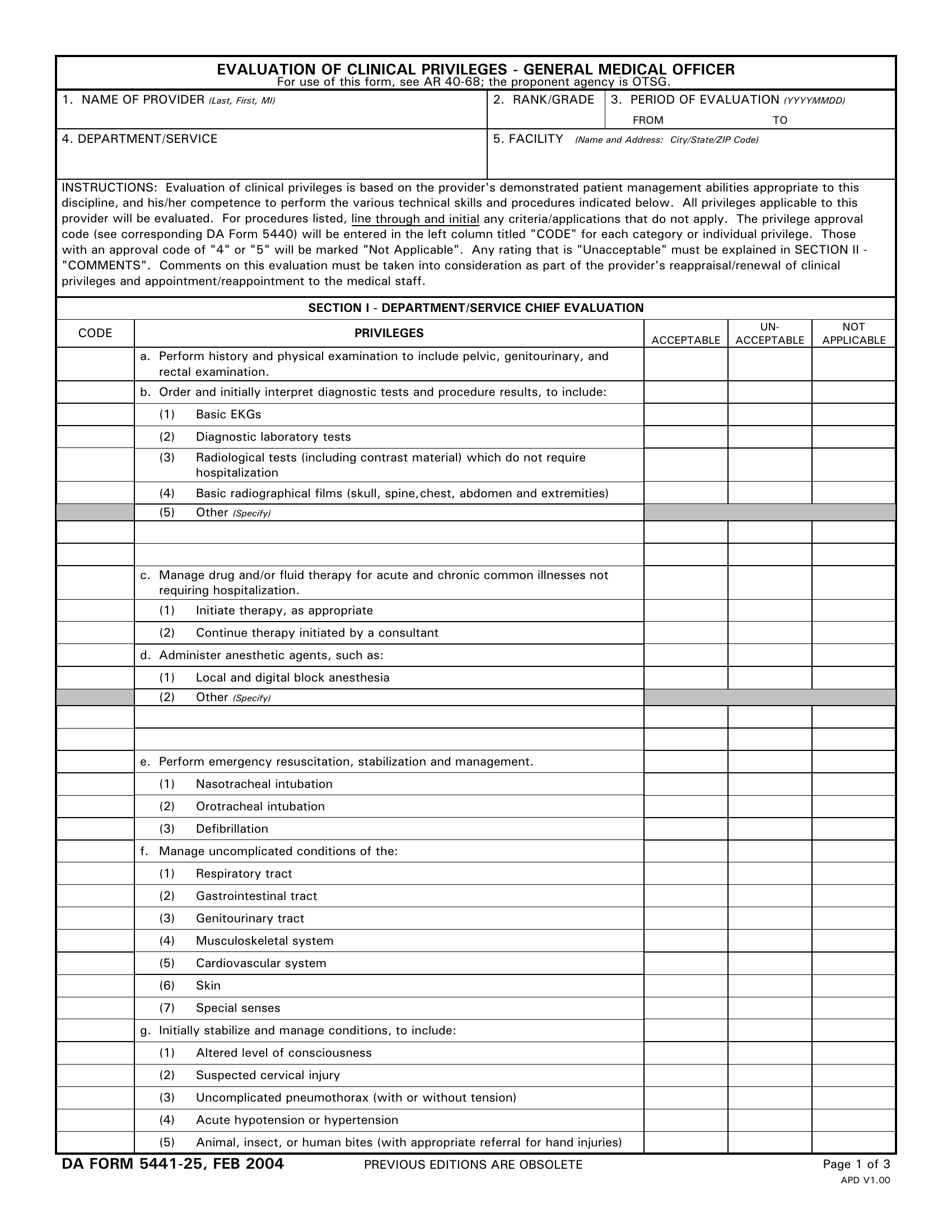 DA Form 5441-25. Evaluation of Clinical Privileges - General Medical Officer | Forms - Docs - 2023