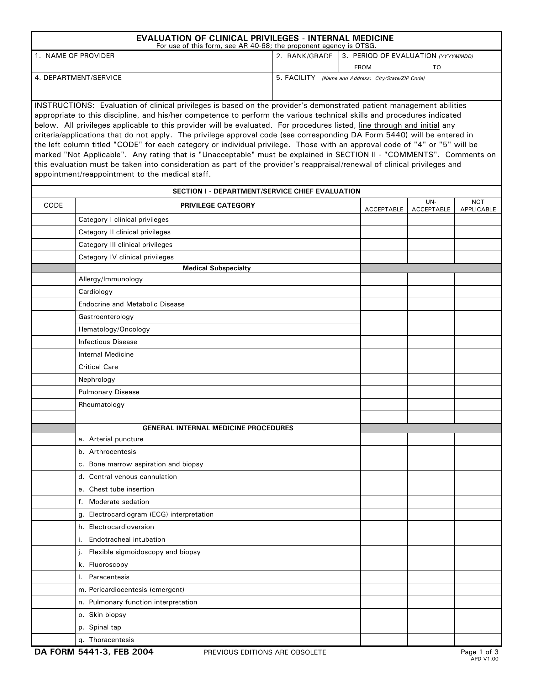DA Form 5441-3. Evaluation of Clinical Privileges-Internal Medicine | Forms - Docs - 2023