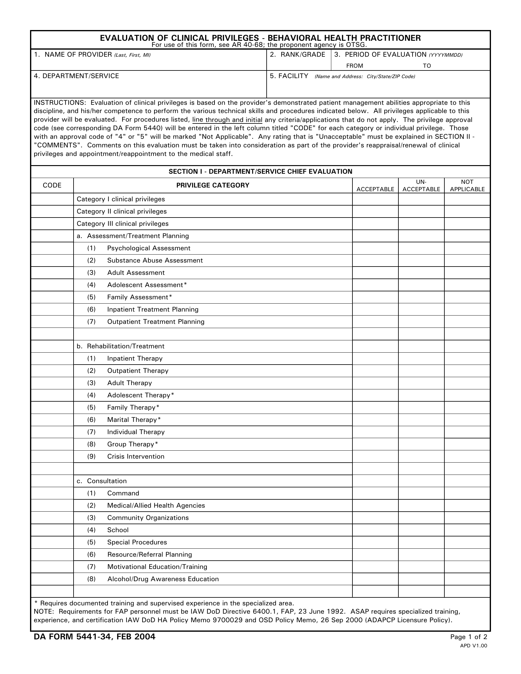 DA Form 5441-34. Evaluation of Clinical Privileges - Behavioral Health Practitioner | Forms - Docs - 2023