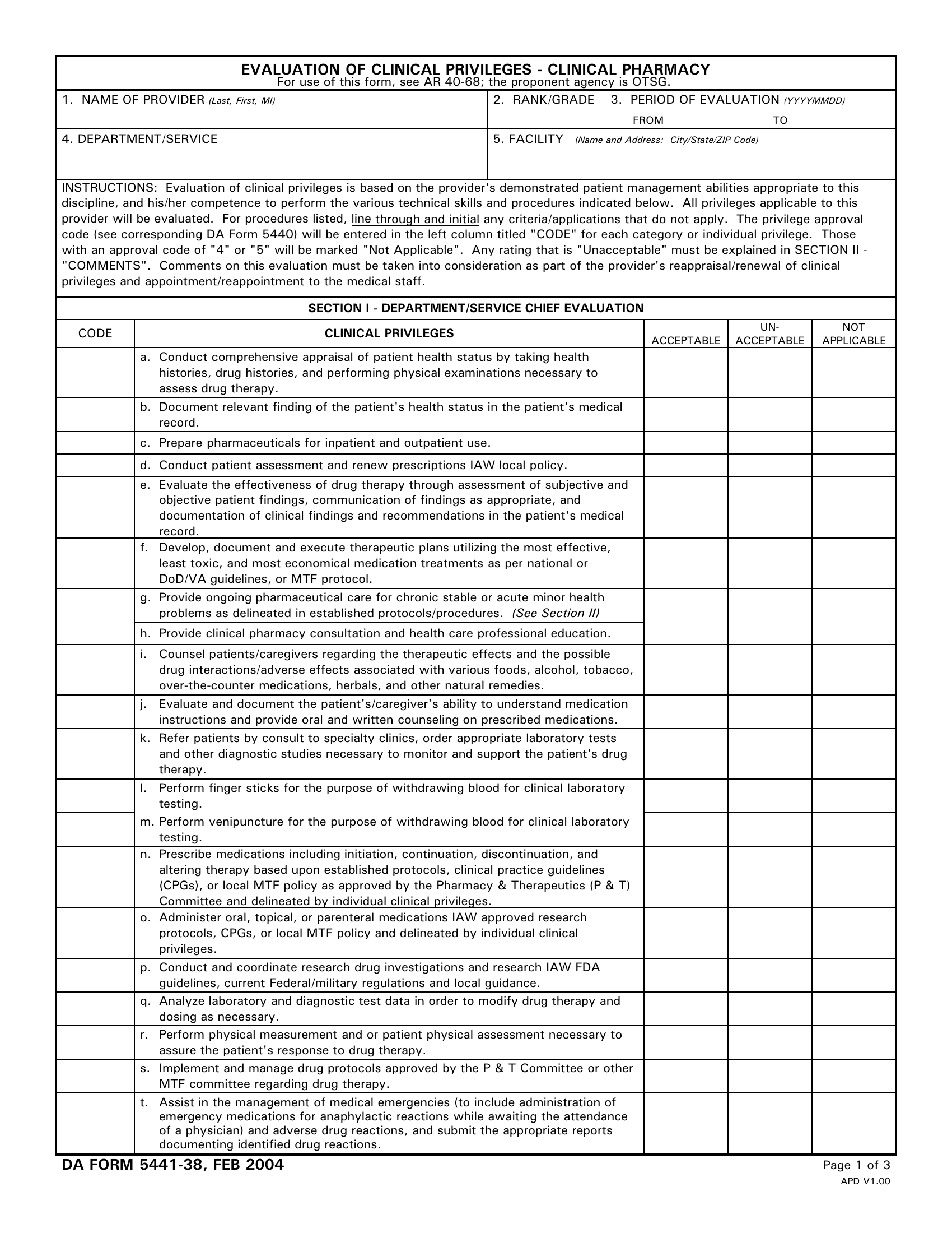 DA Form 5441-38. Evaluation of Clinical Privileges - Clinical Pharmacy | Forms - Docs - 2023