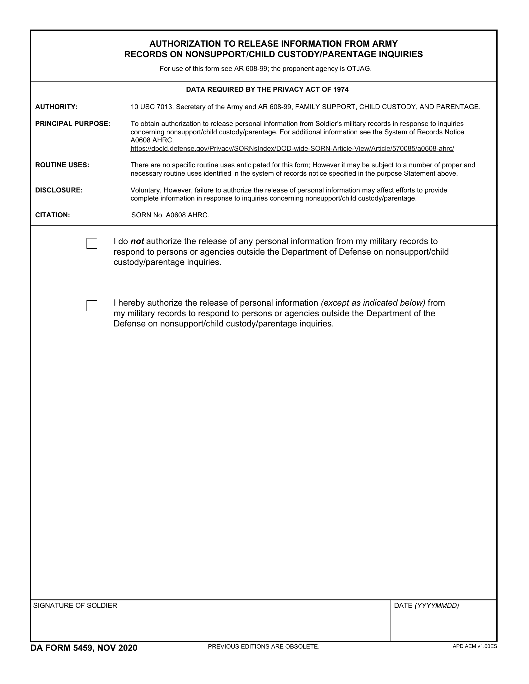 DA Form 5459. Authorization to Release Information From Army Records on Nonsupport/Child Custody/Paternity Inquiries | Forms - Docs - 2023