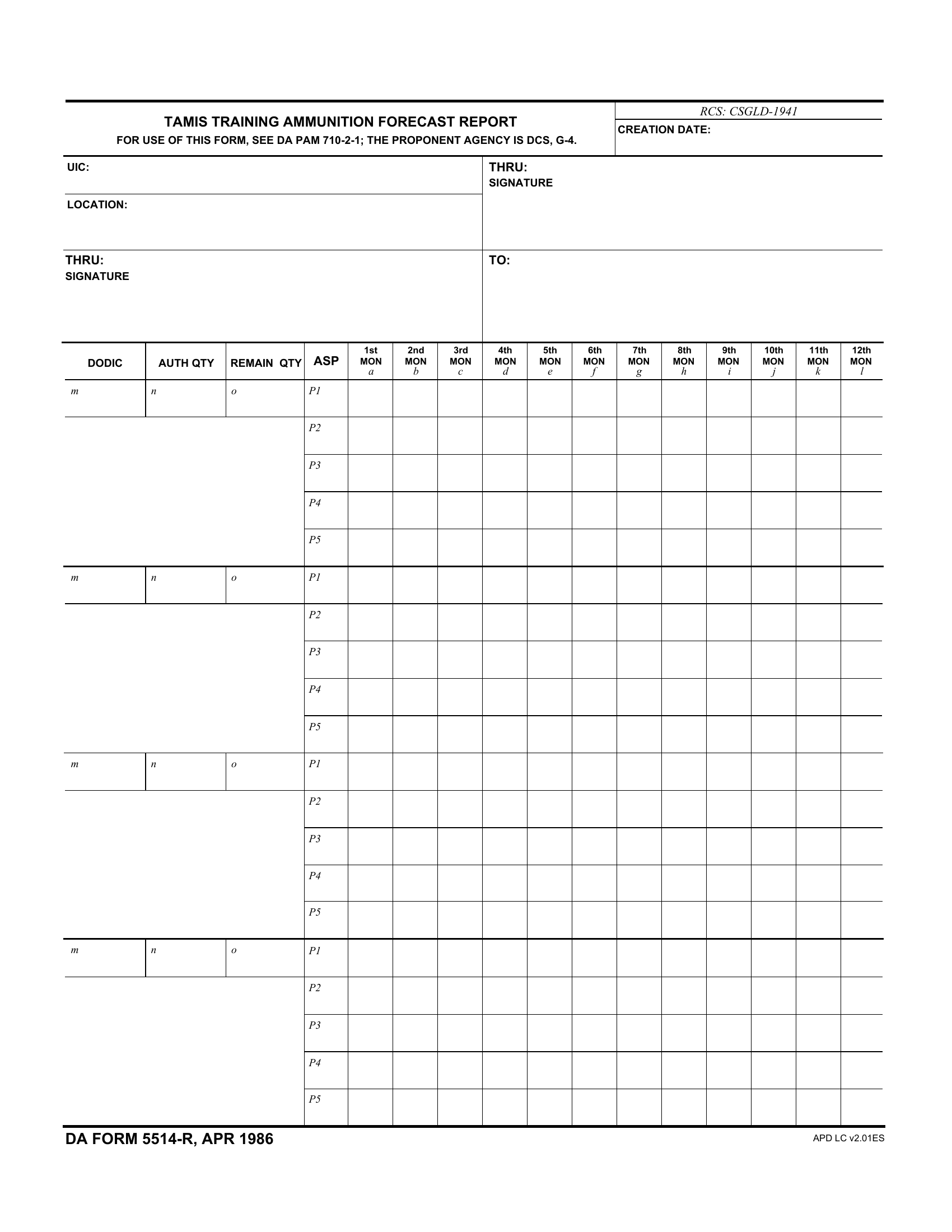DA Form 5514-R. Tamis Training Ammunition Forecast Report (LRA) | Forms - Docs - 2023