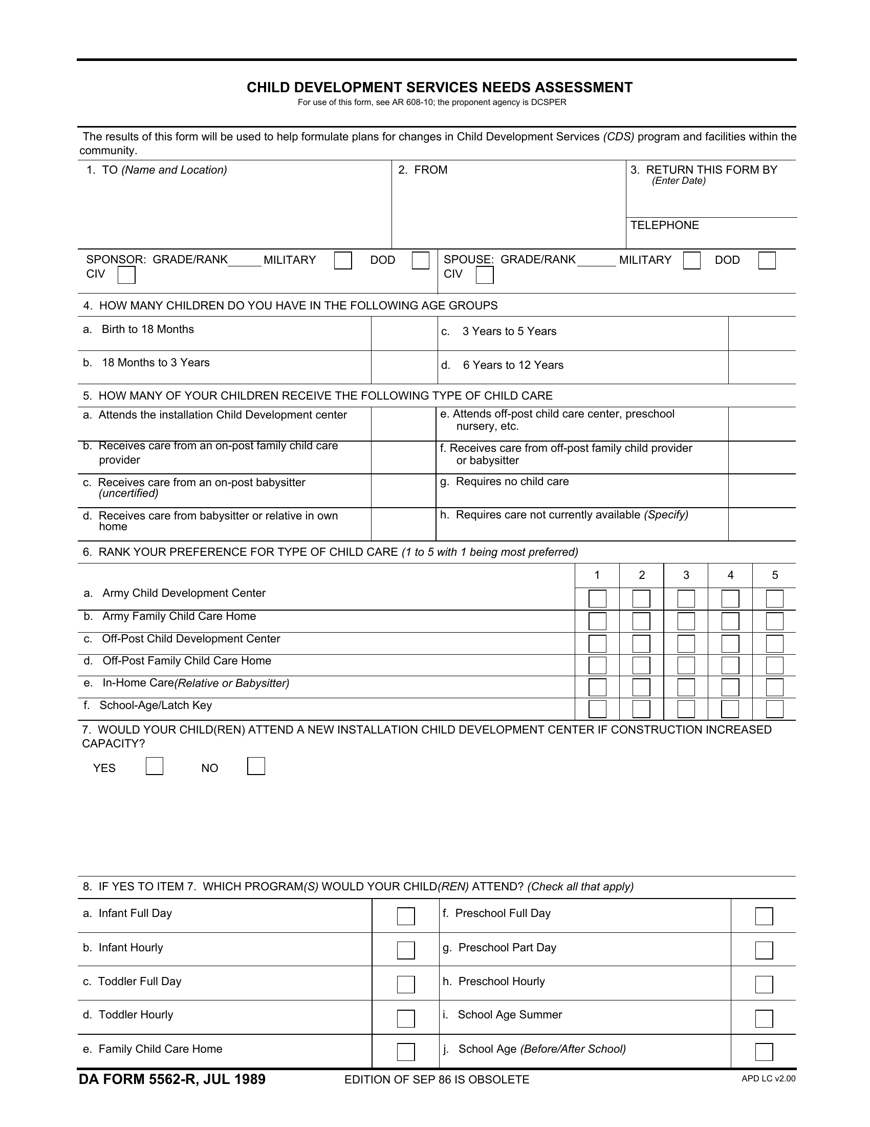 DA Form 5562-R. Child Development Services Needs Assessment (LRA) | Forms - Docs - 2023