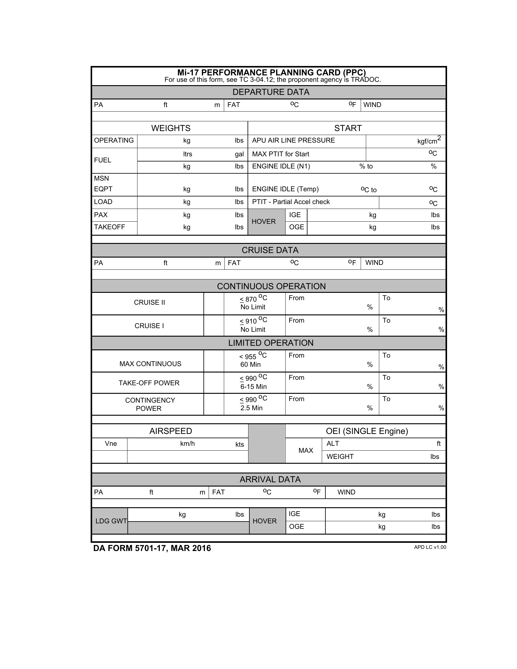 DA Form 5701-17. Mi-17 Performance Planning Card (Ppc) | Forms - Docs - 2023