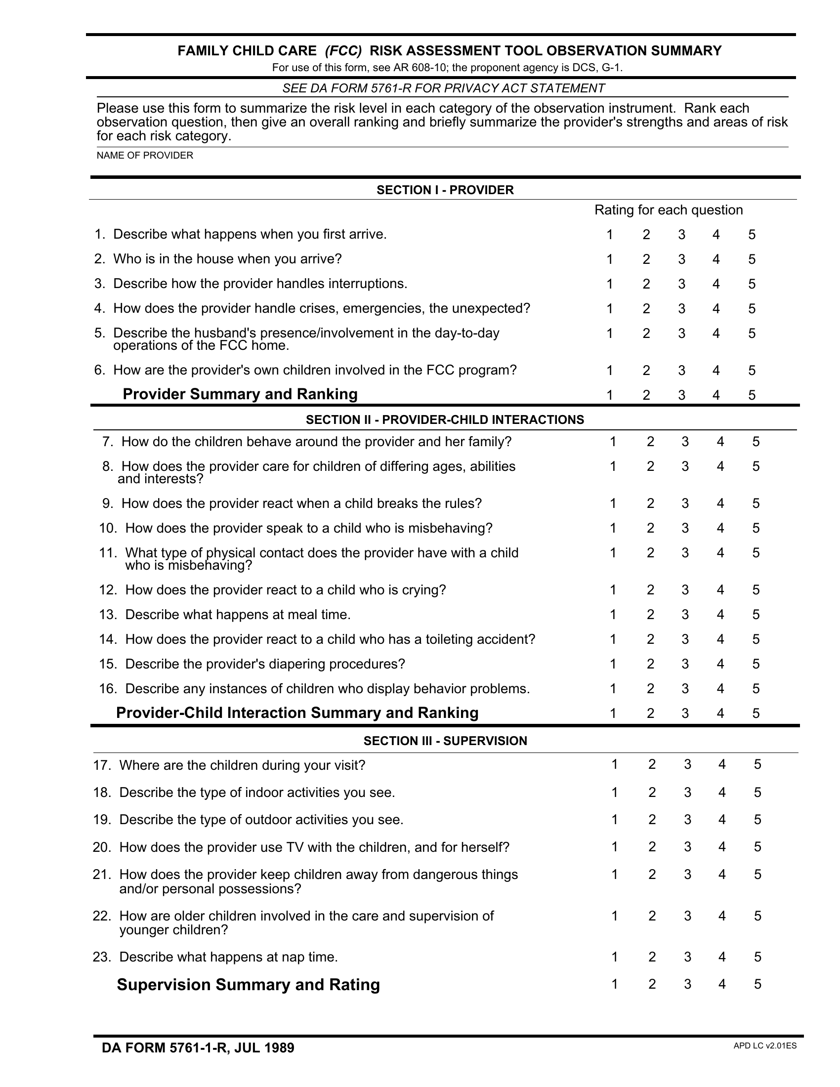 DA Form 5761-1-R. Family Child Care Risk Assessment Tool Observation Summary (LRA) | Forms - Docs - 2023