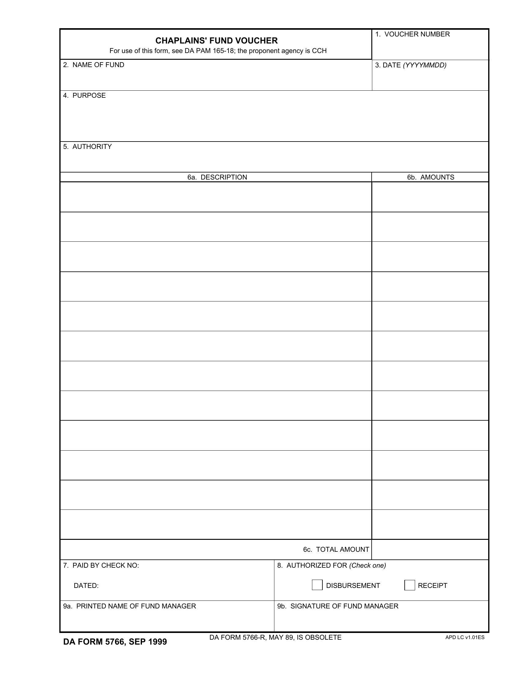 DA Form 5766. Chaplains` Fund Voucher | Forms - Docs - 2023