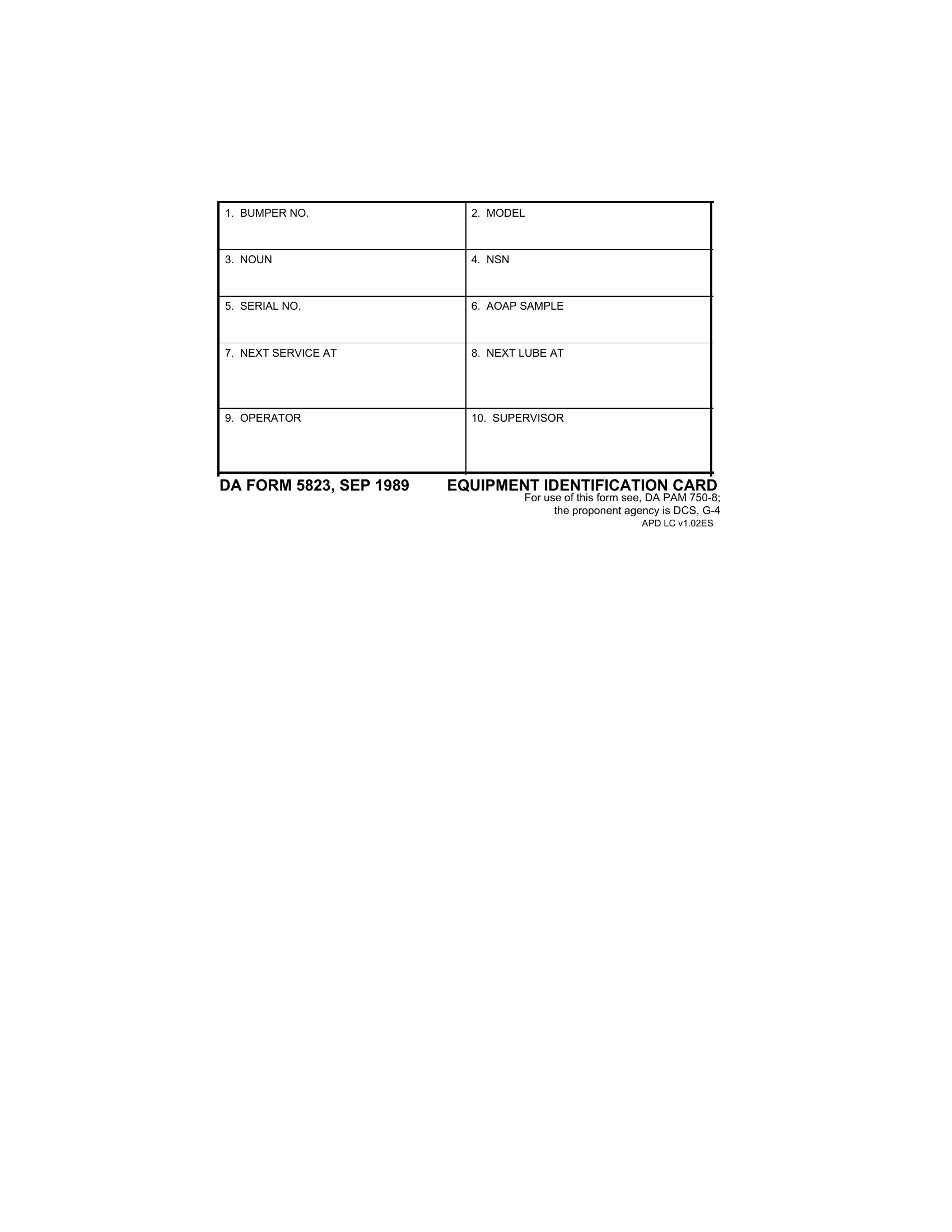 DA Form 5823. Equipment Identification Card | Forms - Docs - 2023