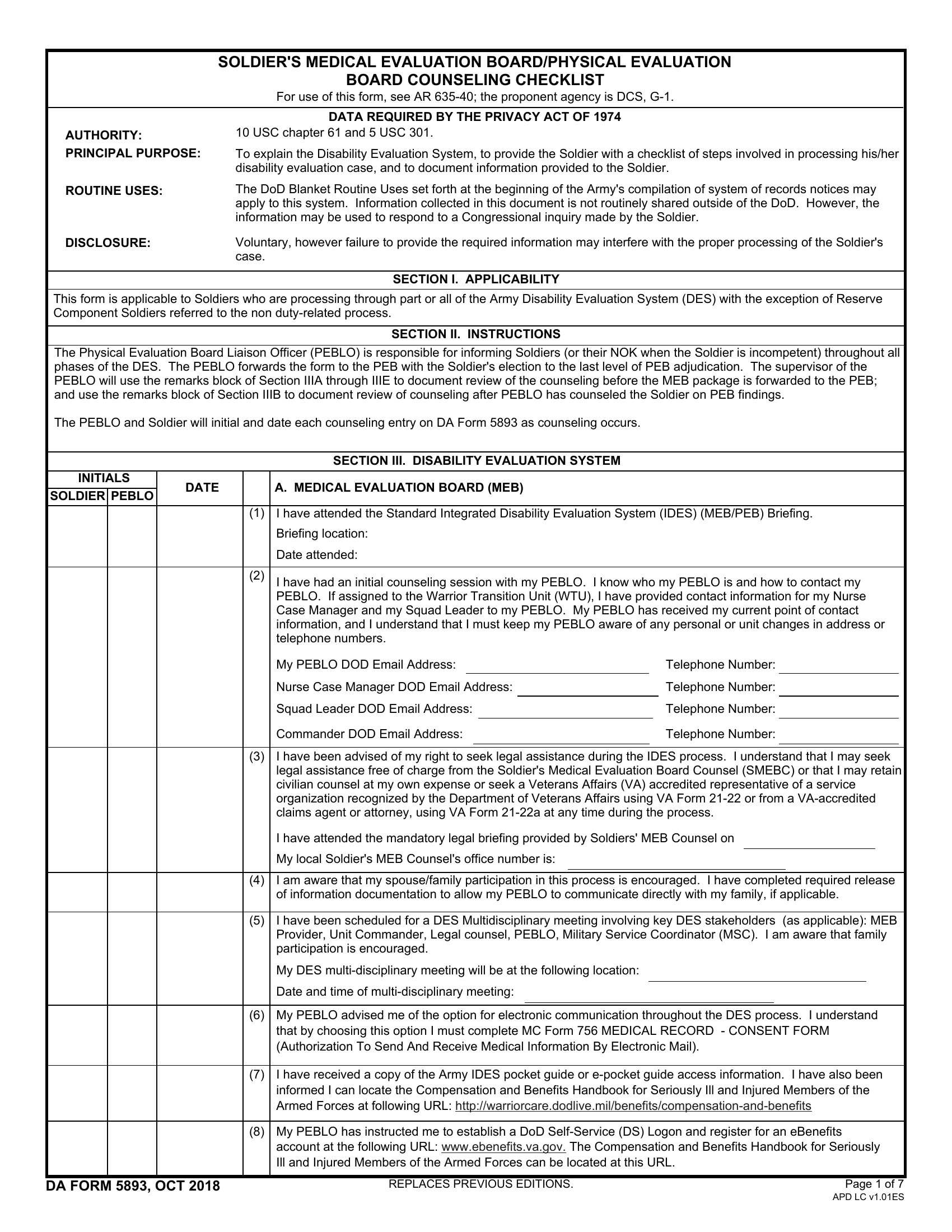 DA Form 5893. Soldier`s Medical Evaluation Board/Physical Evaluation Board Counseling Checklist | Forms - Docs - 2023