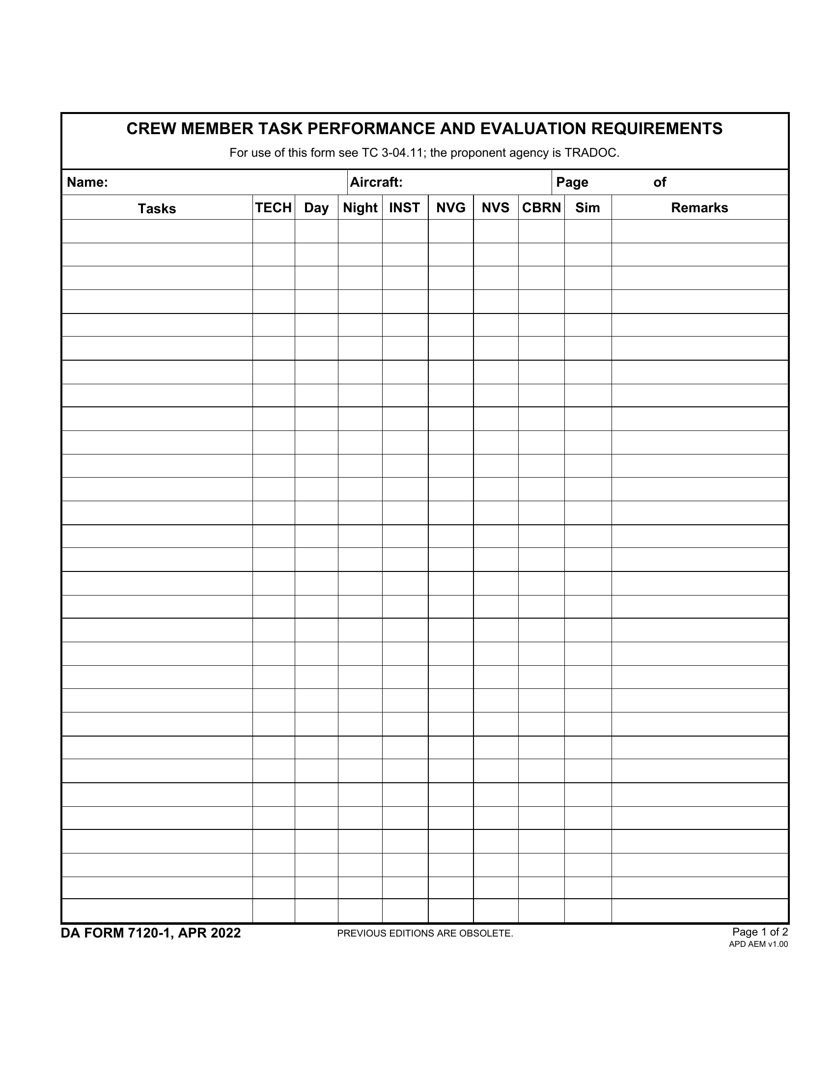 DA Form 7120-1. Crew Member Task Performance and Evaluation Requirements | Forms - Docs - 2023