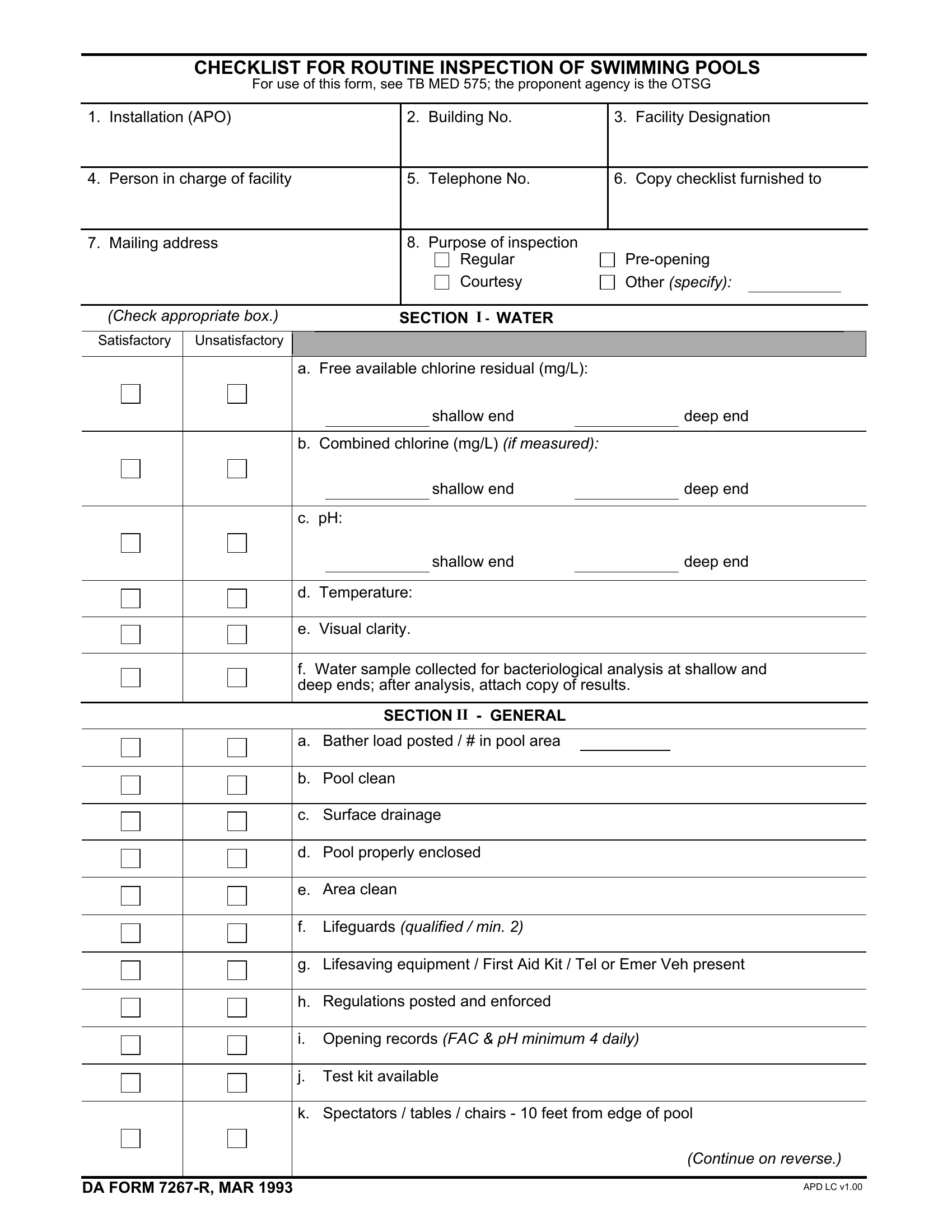 DA Form 7267-R. Checklist for Routine Inspection of Swimming Pools (LRA) | Forms - Docs - 2023