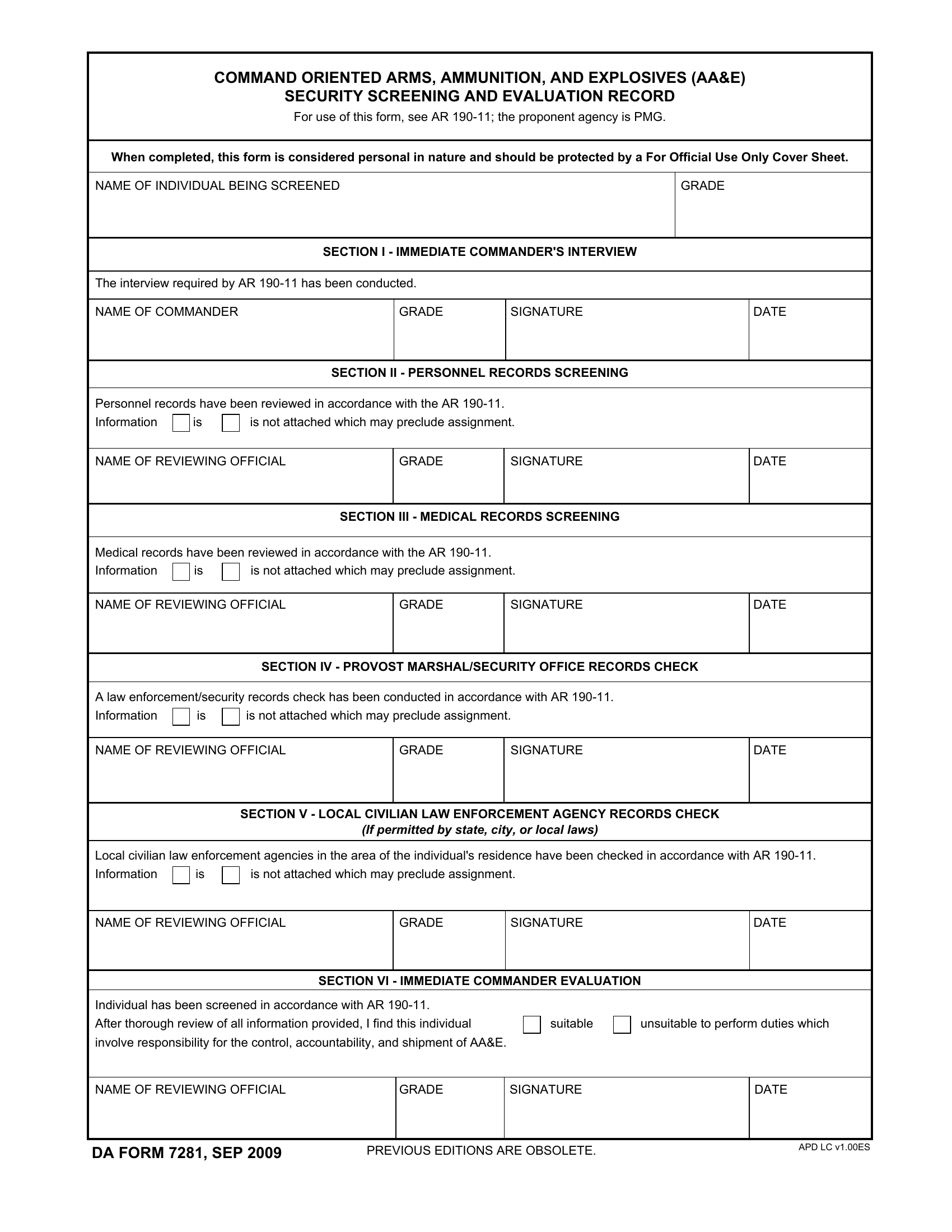 DA Form 7281. Command Oriented Arms, Ammunition, and Explosives (Aa&e) Security Screening and Evaluation Record | Forms - Docs - 2023