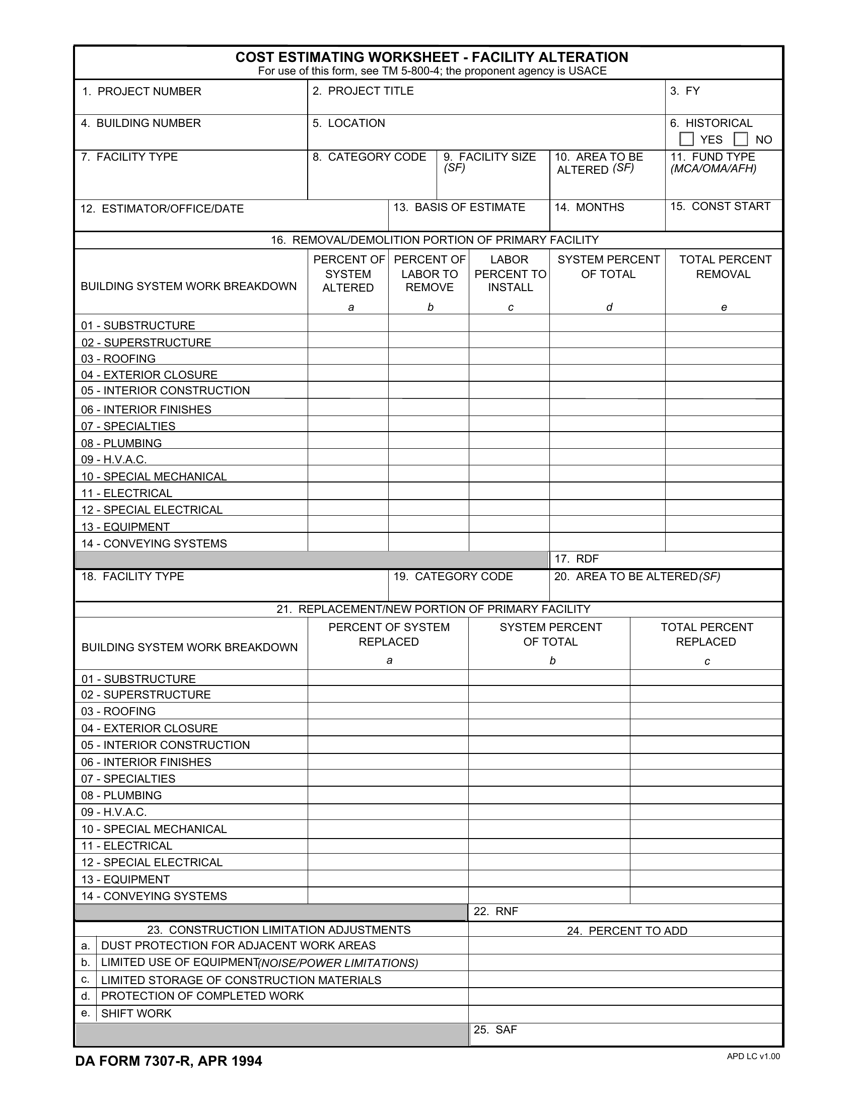 DA Form 7307-R. Cost Estimating Worksheet-Facility Alteration (LRA) | Forms - Docs - 2023