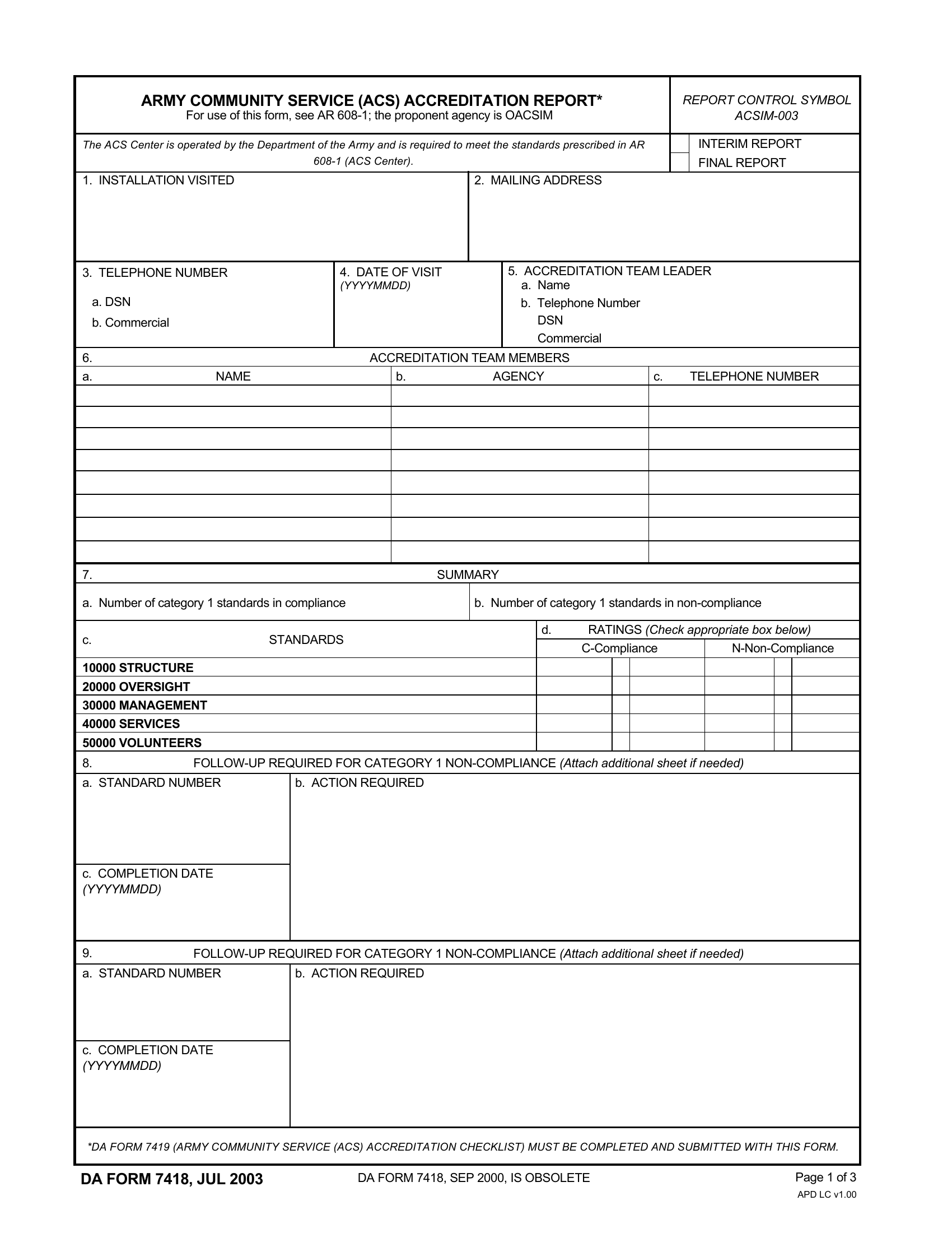 DA Form 7418. Army Community Service Accreditation Report | Forms - Docs - 2023