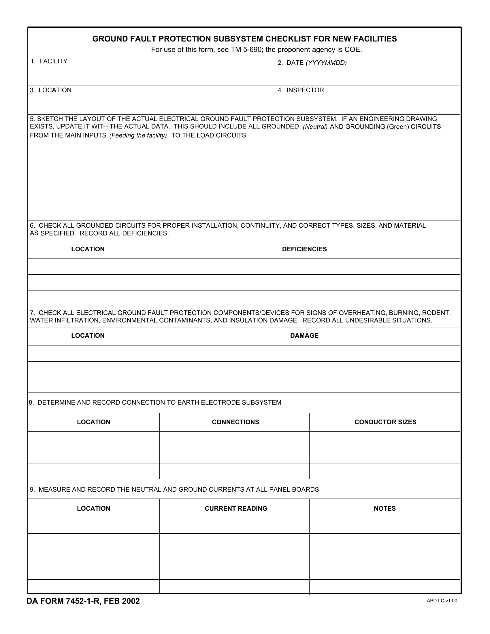 DA Form 7452-1-R. Ground Fault Protection Subsystem Checklist for New Facilities (LRA) | Forms - Docs - 2023