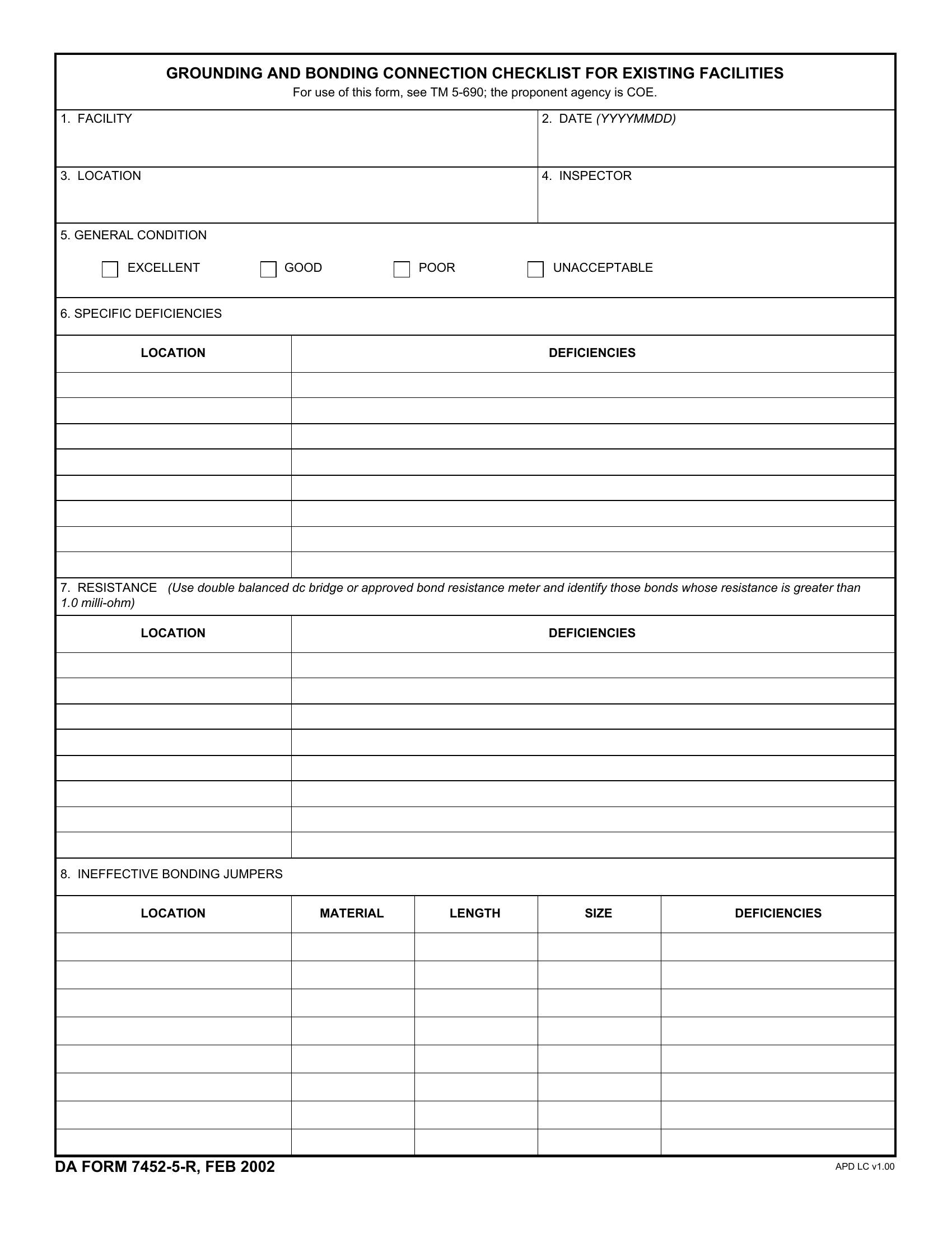 DA Form 7452-5-R. Grounding and Bonding Connection Checklist for Existing Facilities (LRA) | Forms - Docs - 2023
