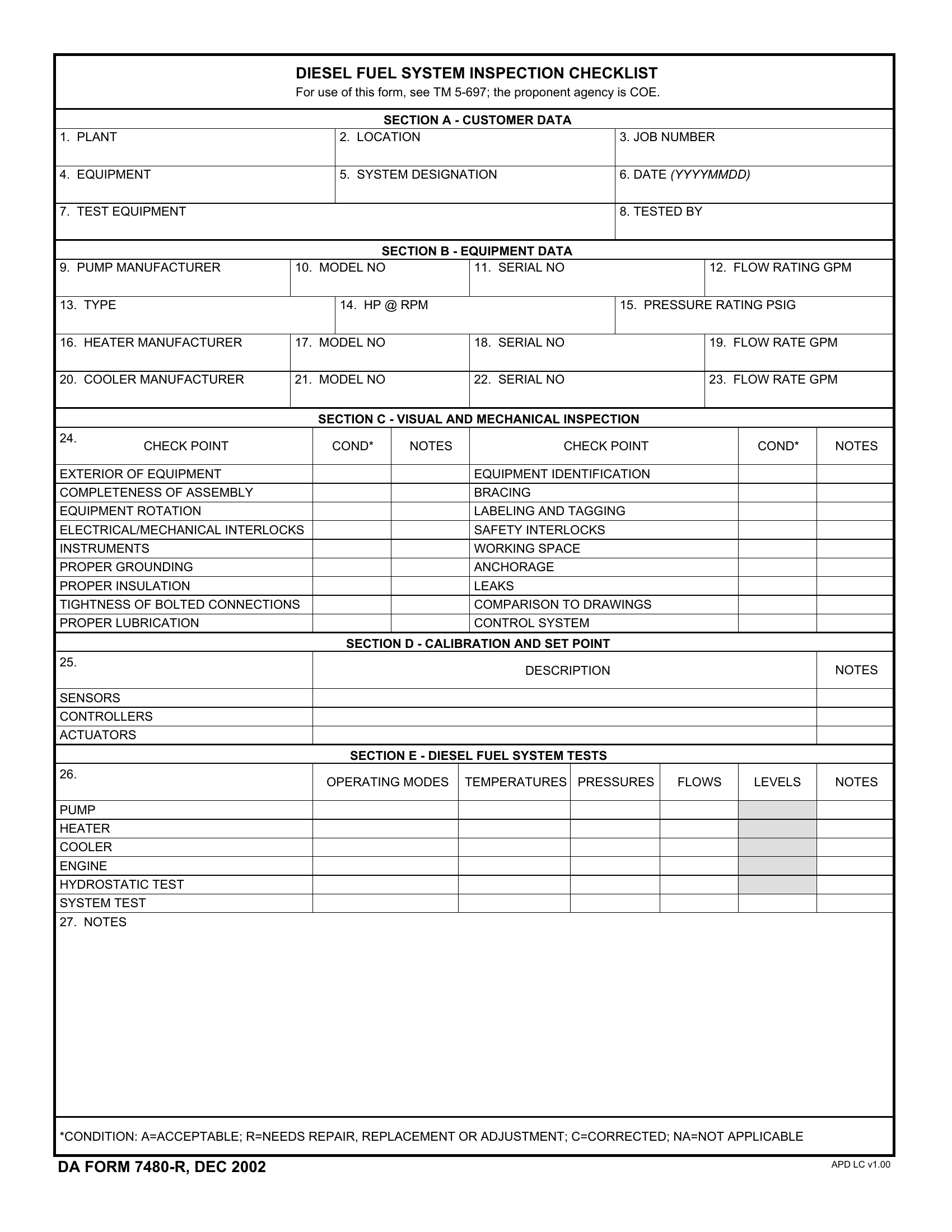 DA Form 7480-R. Diesel Fuel System Inspection Checklist (LRA) | Forms - Docs - 2023