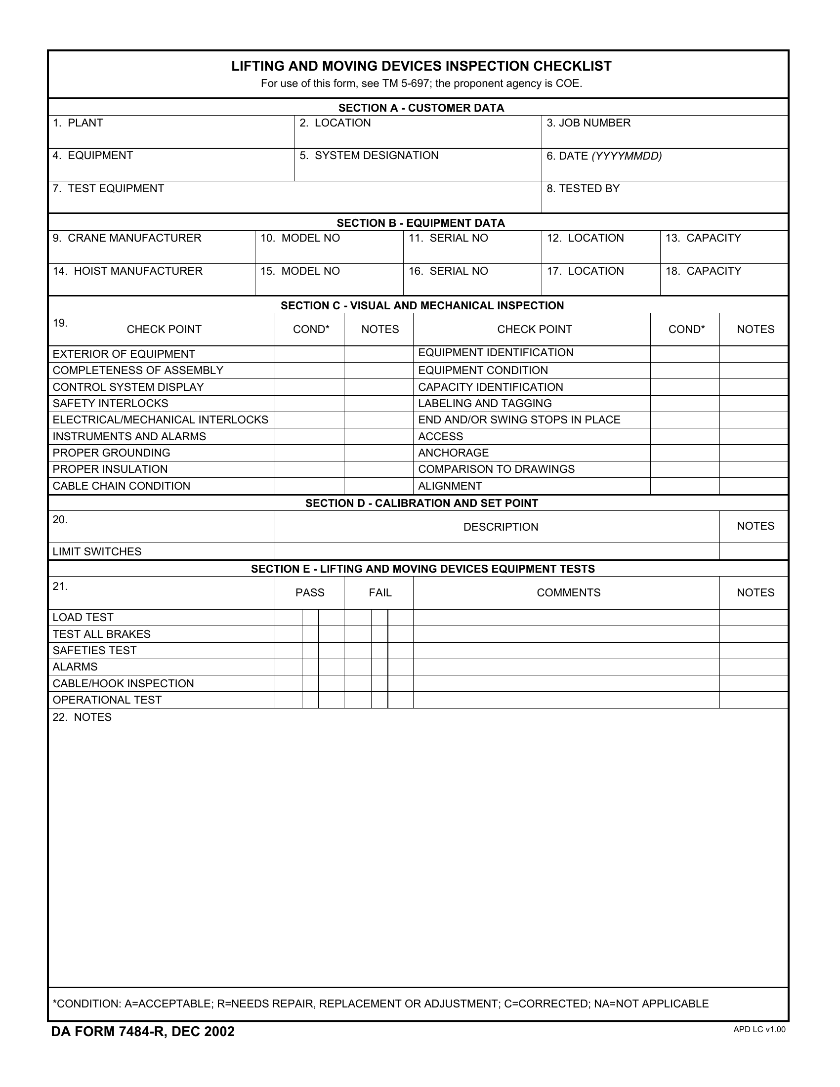 DA Form 7484-R. Lifting and Moving Devices Sys Inspection Checklist (LRA) | Forms - Docs - 2023
