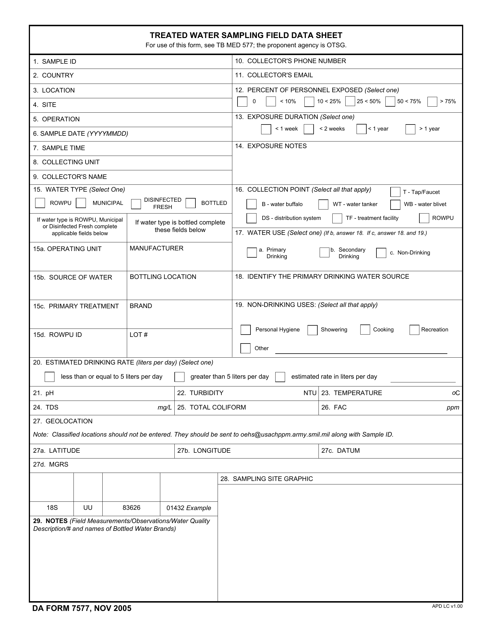 DA Form 7577. Treated Water Sampling Field Data Sheet | Forms - Docs - 2023