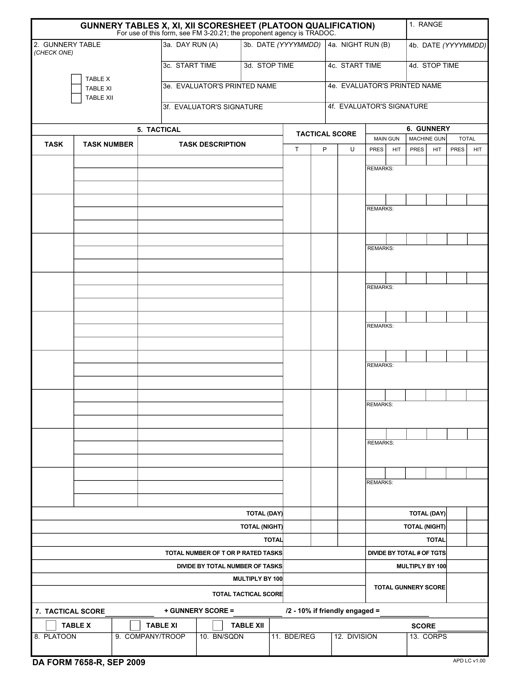 DA Form 7658-R. Gunnery Tables X, XI, XII Scoresheet (Platoon Qualification) | Forms - Docs - 2023