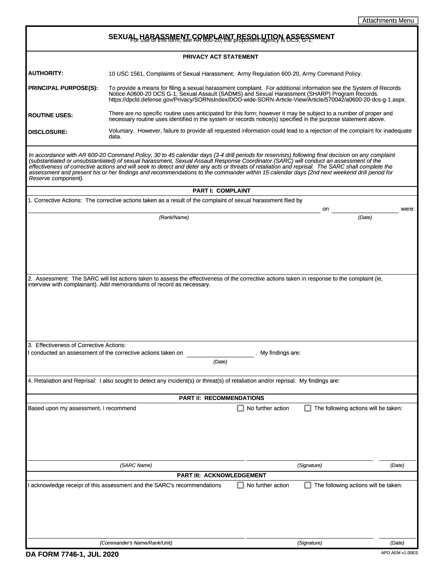 DA Form 7746-1. Sexual Harassment Complaint Resolution Assessment | Forms - Docs - 2023