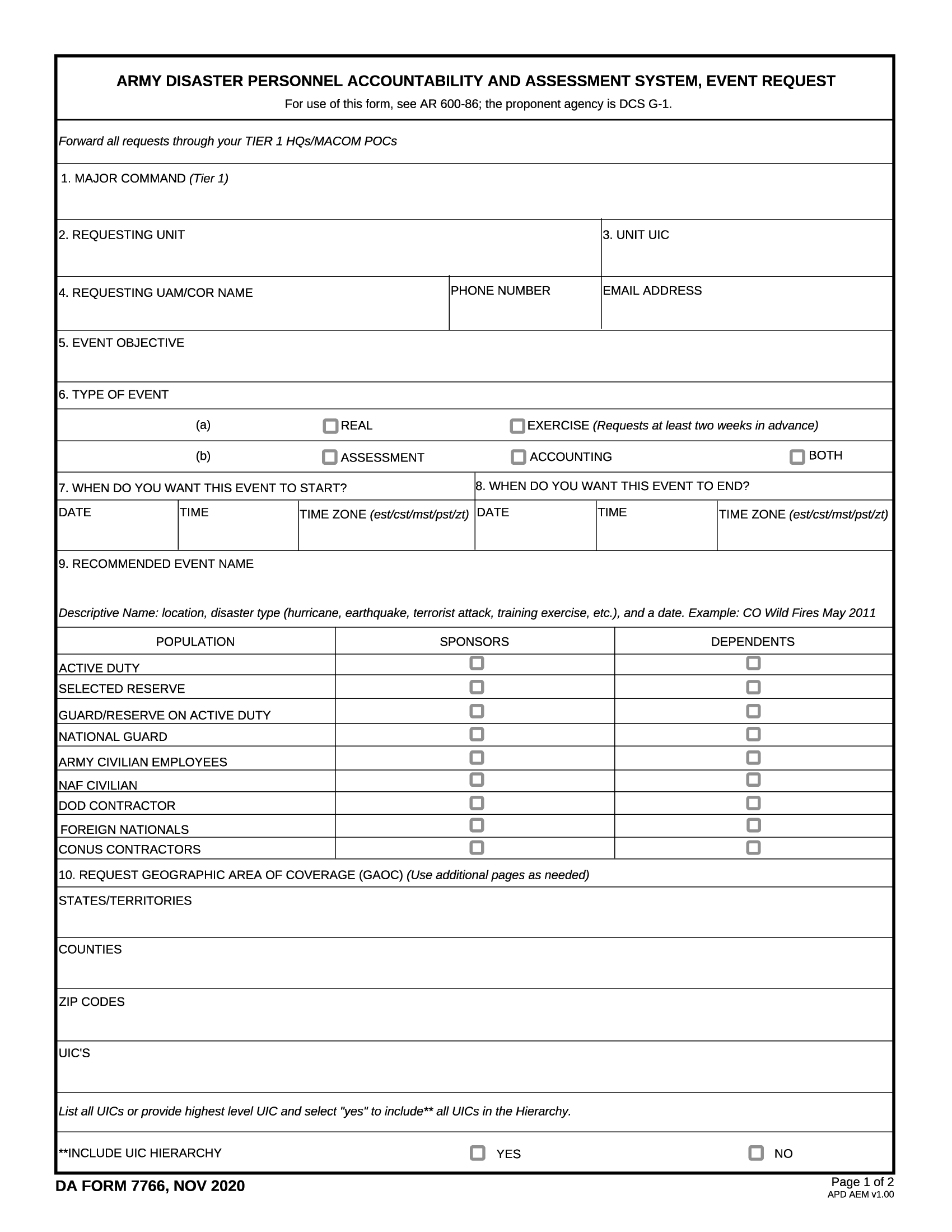 DA Form 7766. Army Disaster Personnel Accountability and Assessment System, Event Request | Forms - Docs - 2023