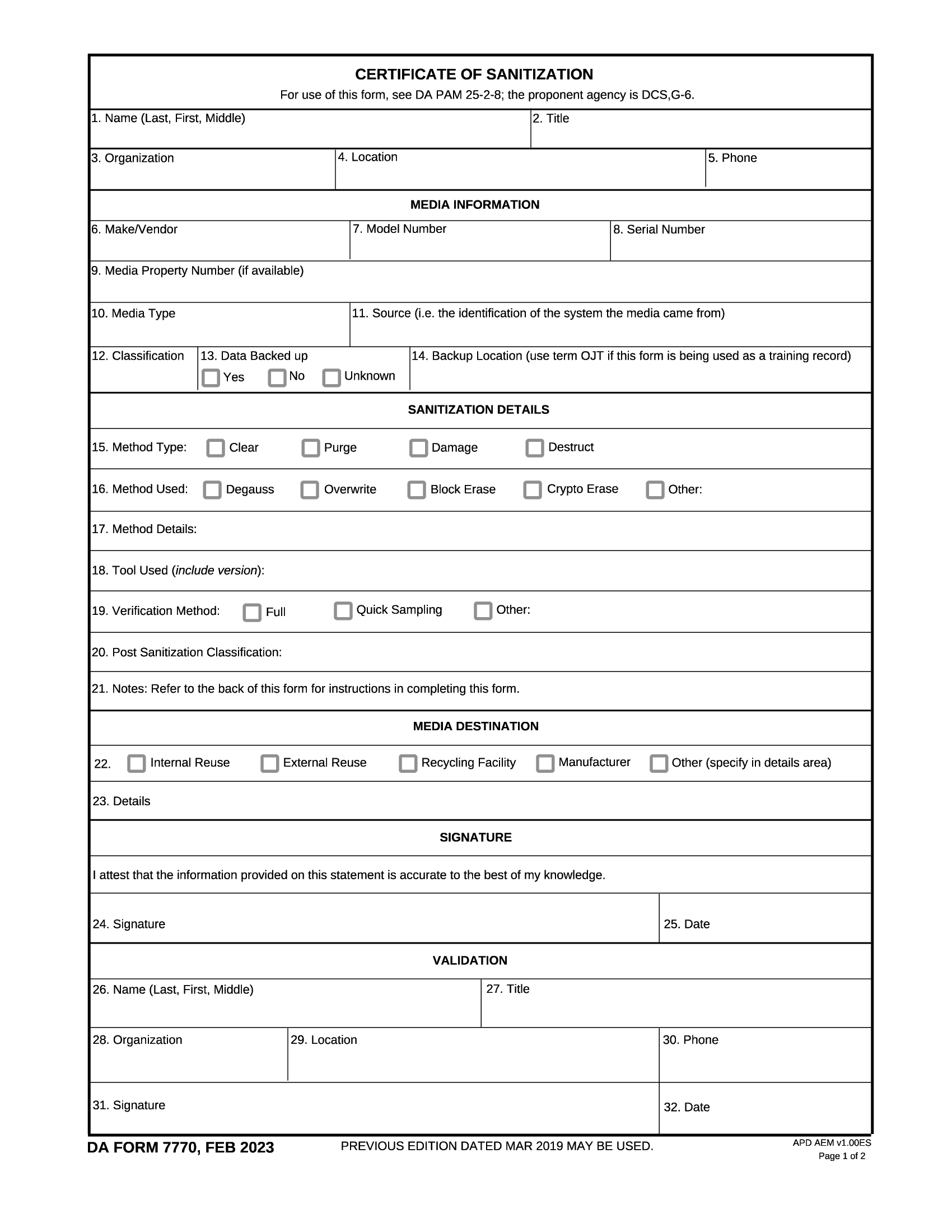 DA Form 7770. Certificate of Sanitization | Forms - Docs - 2023