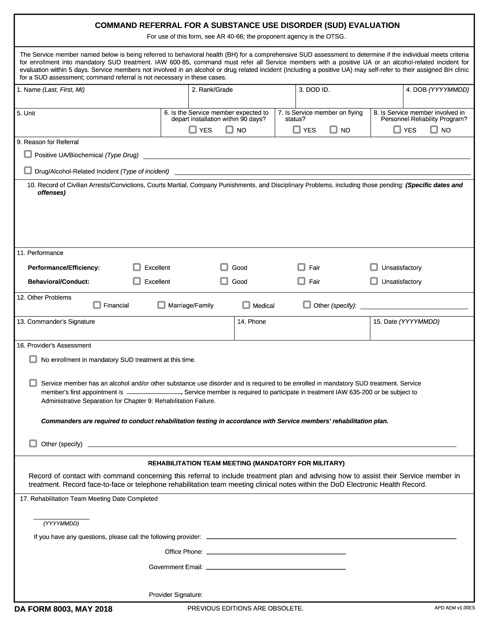 DA Form 8003. Command Referral for a Substance Use Disorder (SUD) Evaluation | Forms - Docs - 2023
