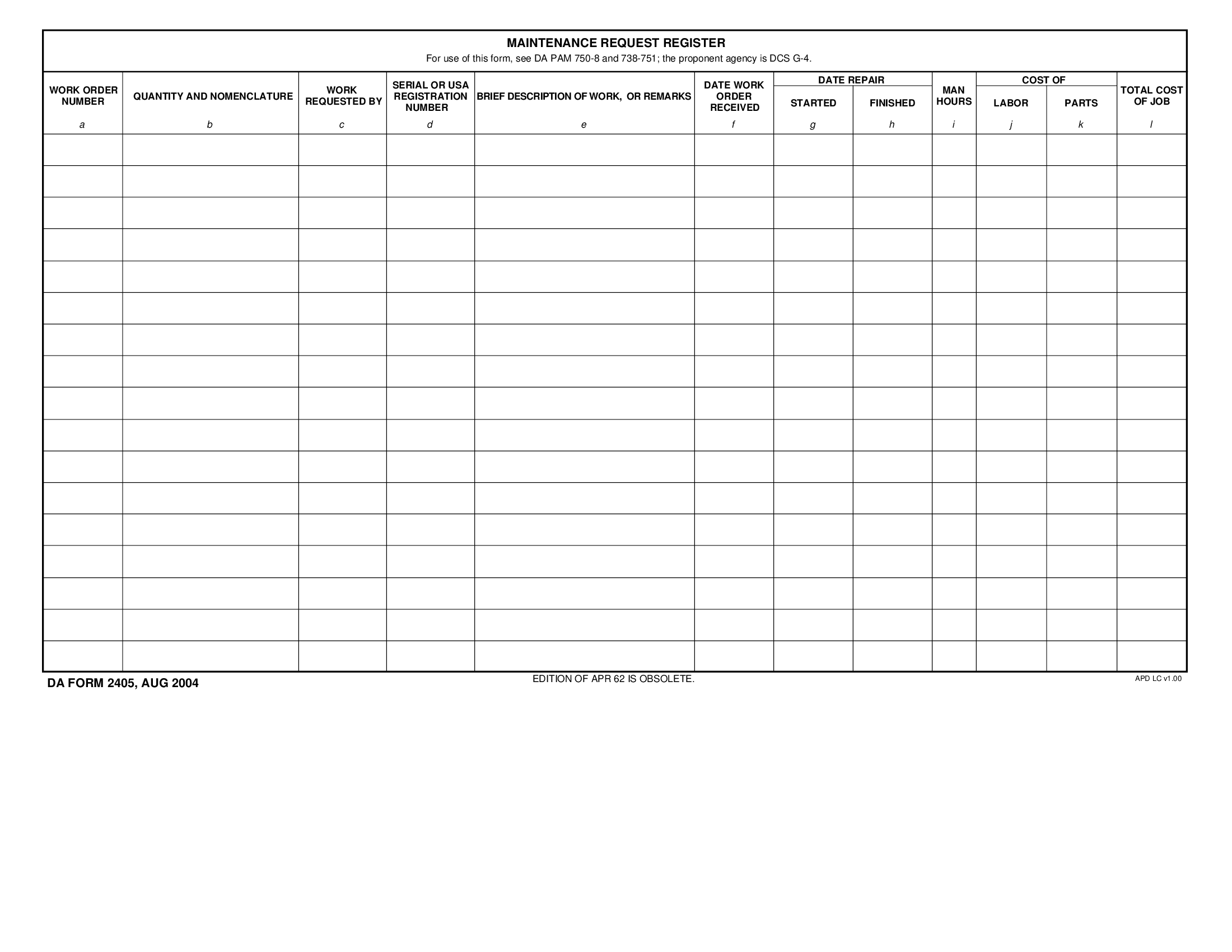 DA Form 2405 Maintenance Request Register Forms Docs 2023