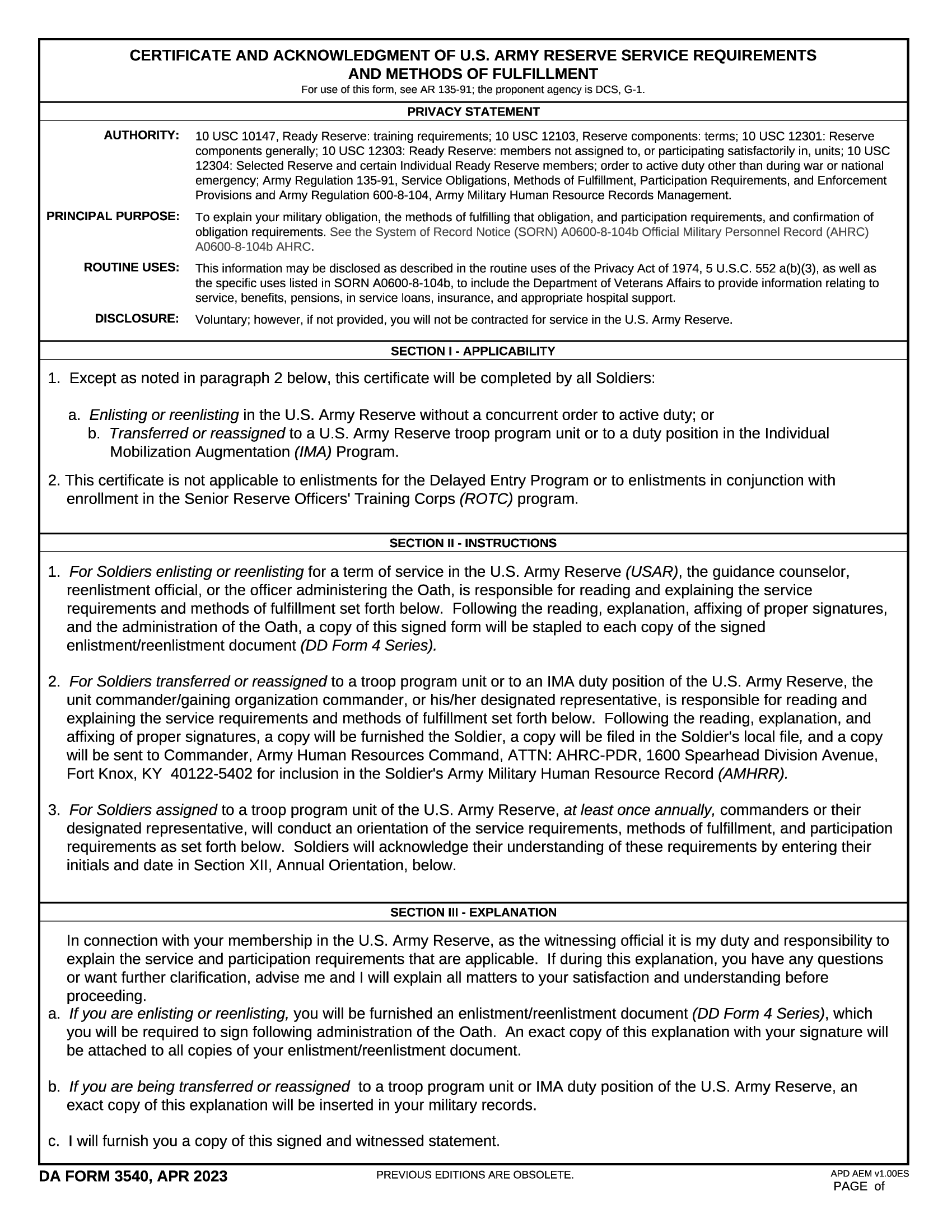 DA Form 3540. Certificate and Acknowledgement of US Army Reserve Service Requirements and Methods of Fulfillment | Forms - Docs - 2023