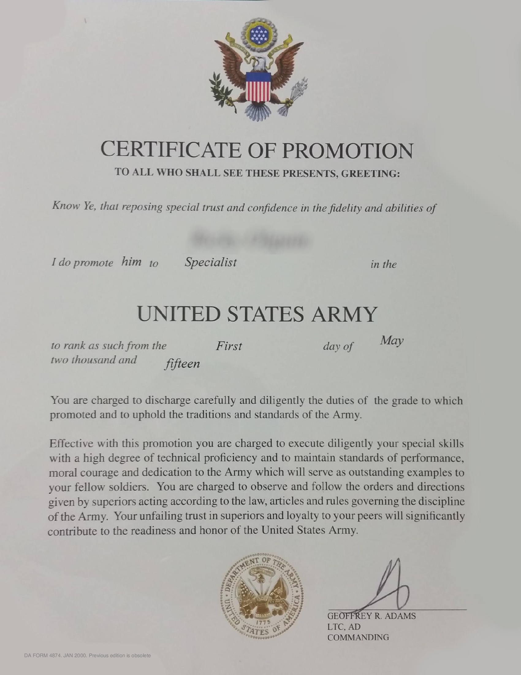 DA Form 4874. Certificate of Promotion (Promotion to Specialists Grades) | Forms - Docs - 2023