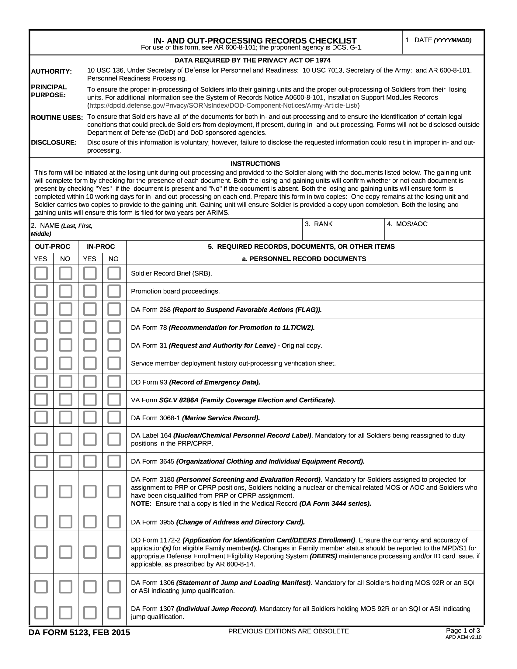 DA Form 5123. In- and Out- Processing Records Checklist | Forms - Docs - 2023