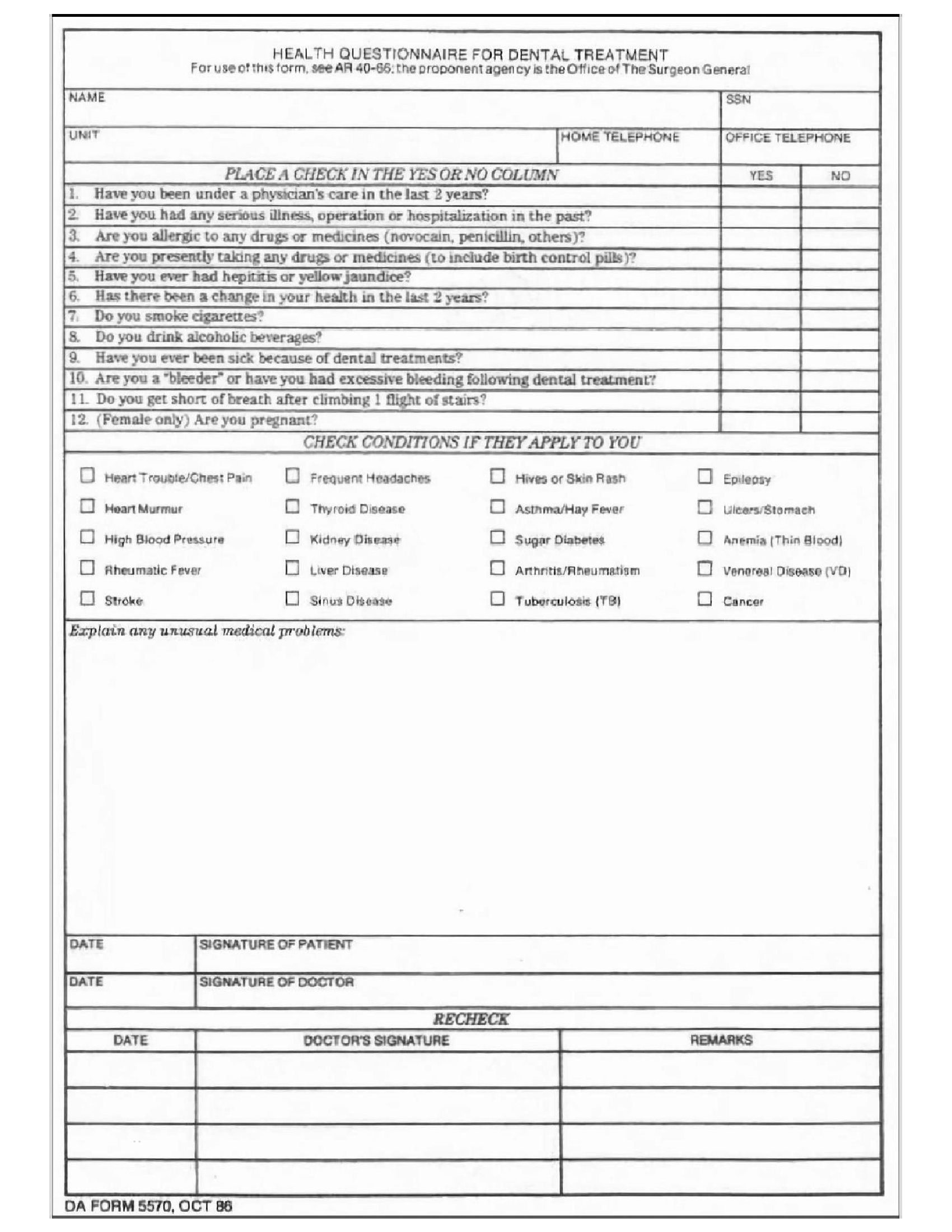 DA Form 5570. Health Questionnaire for Dental Treatment | Forms - Docs - 2023