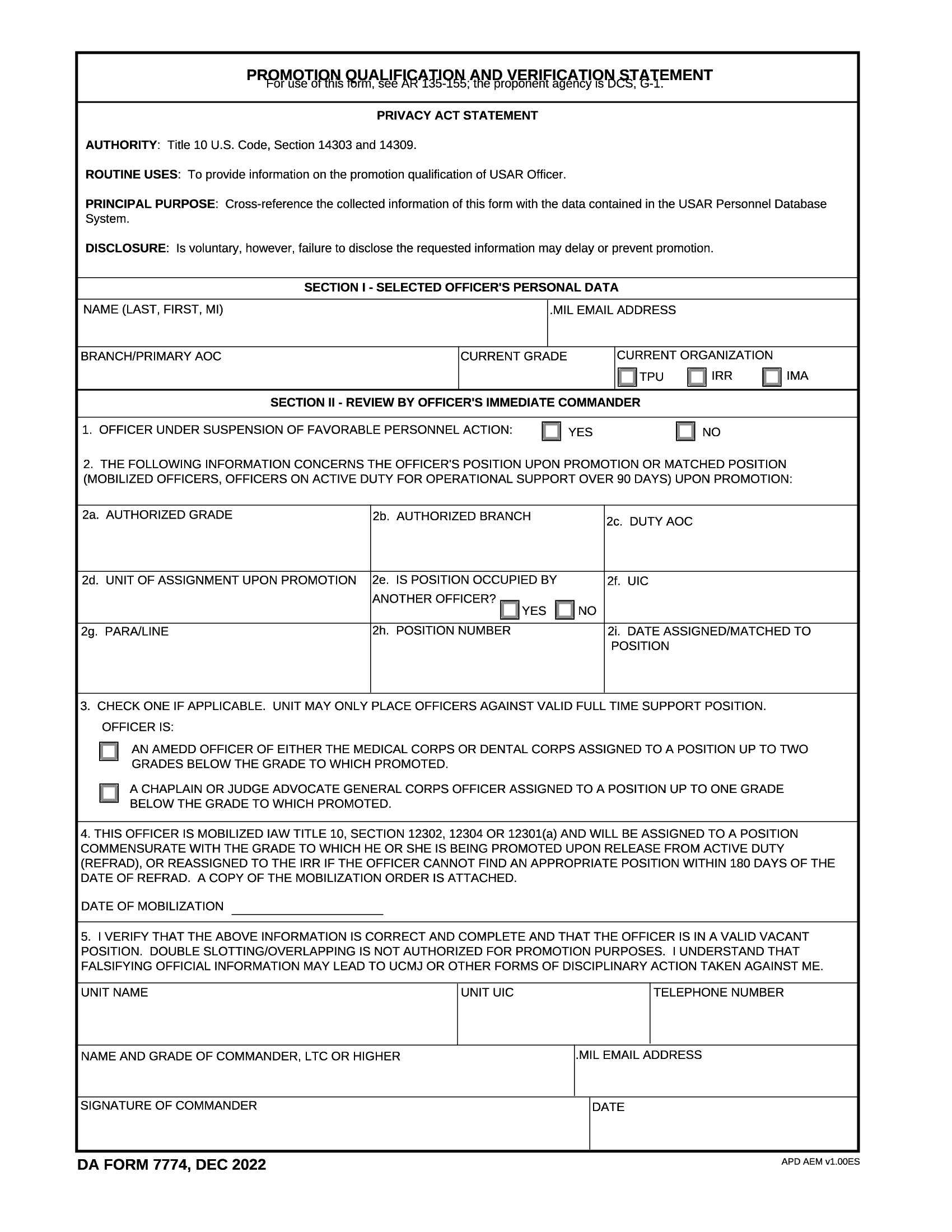 DA Form 7774. Promotion Qualification and Verification Statement | Forms - Docs - 2023