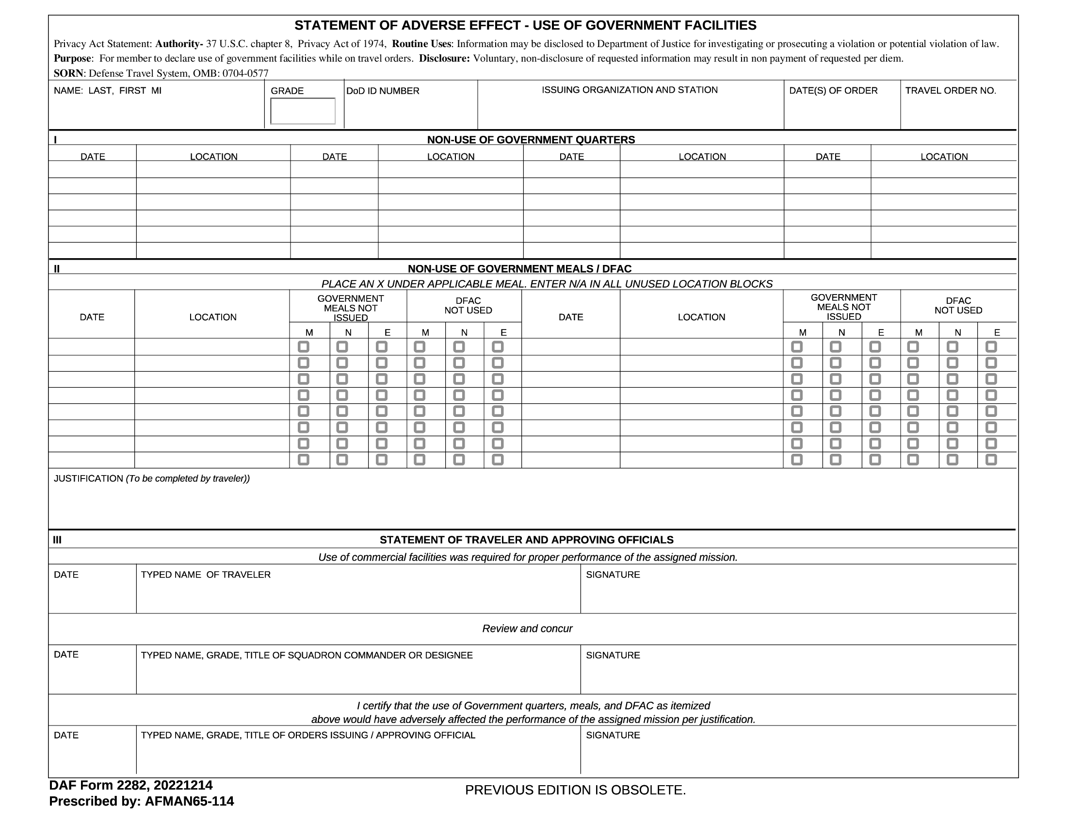 AF Form 2282 Statement Of Adverse Effect Use Of Government