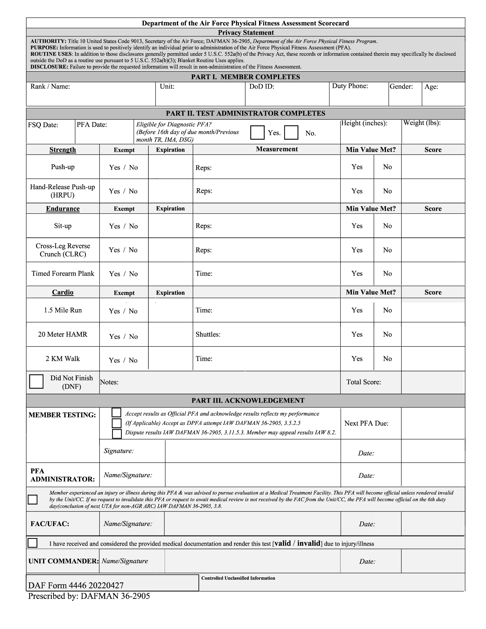 Af Form 4446 Air Force Fitness Assessment Scorecard