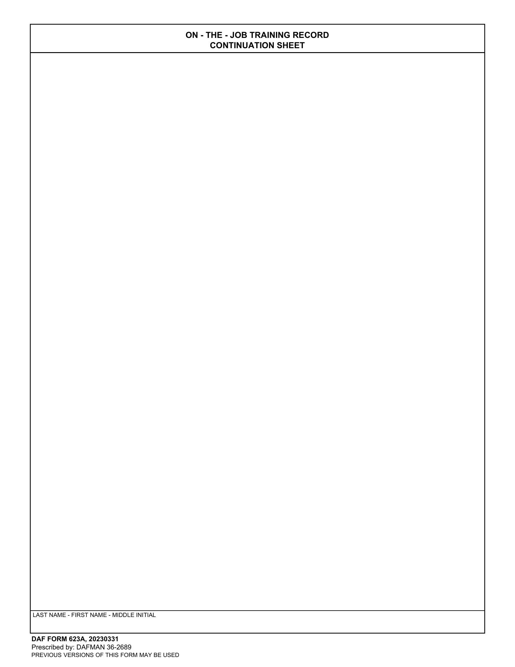 DAF Form 623A On The Job Training Record Continuation Sheet Forms