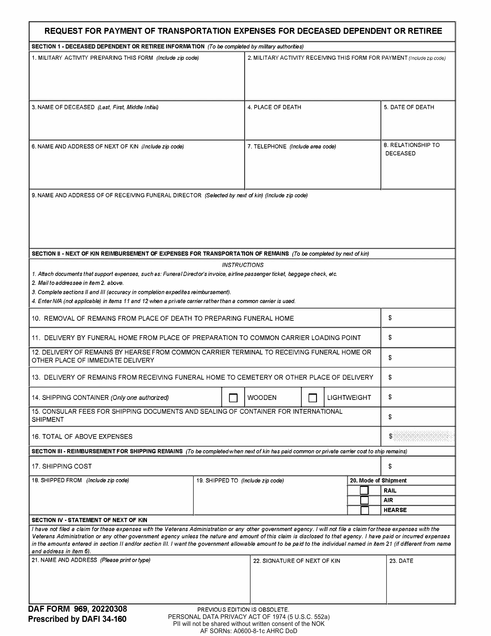 DAF Form 969 Request For Payment Of Transportation Expenses For