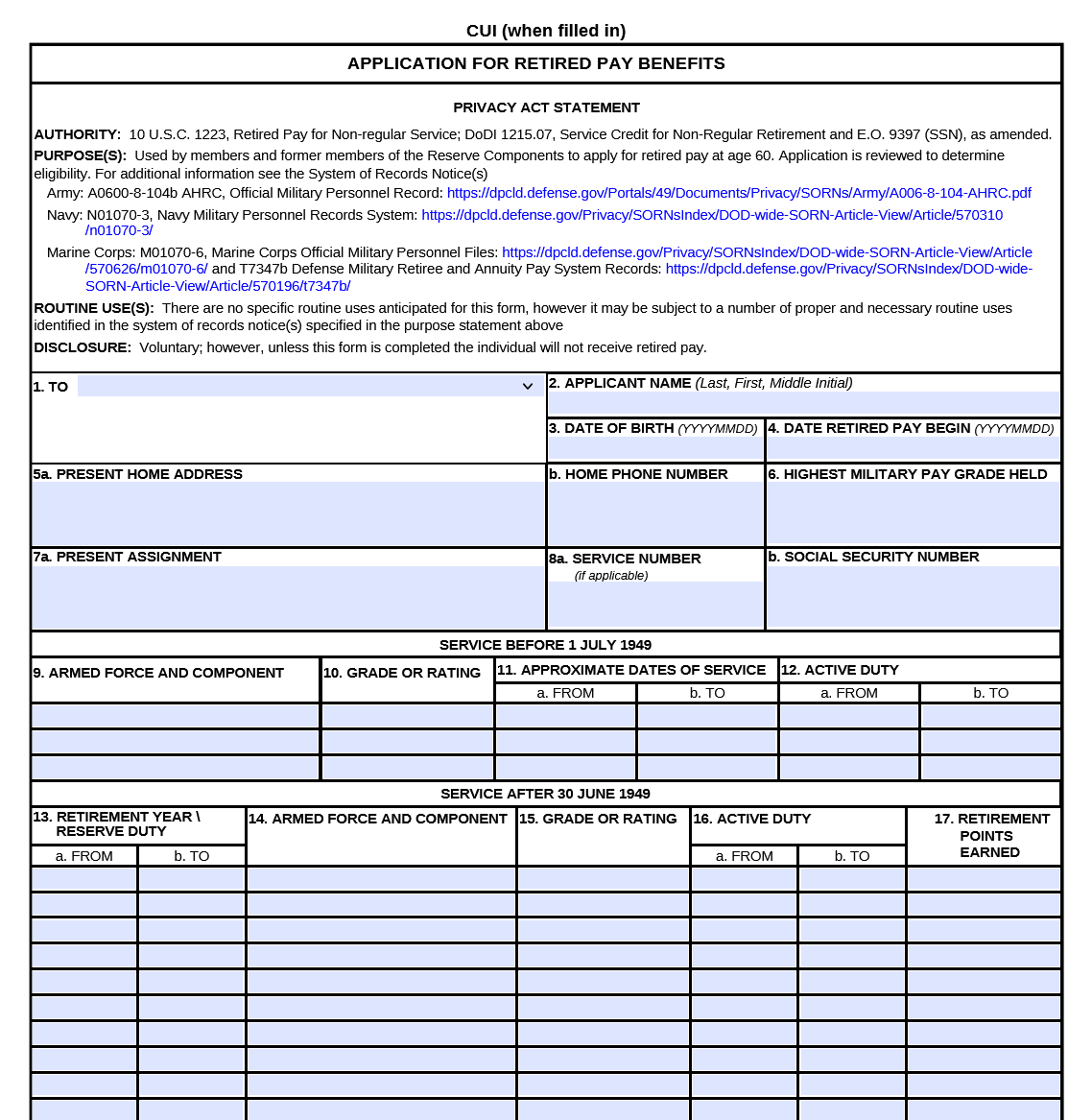 DD Form 108. Application for Retired Pay Benefits Forms Docs 2023