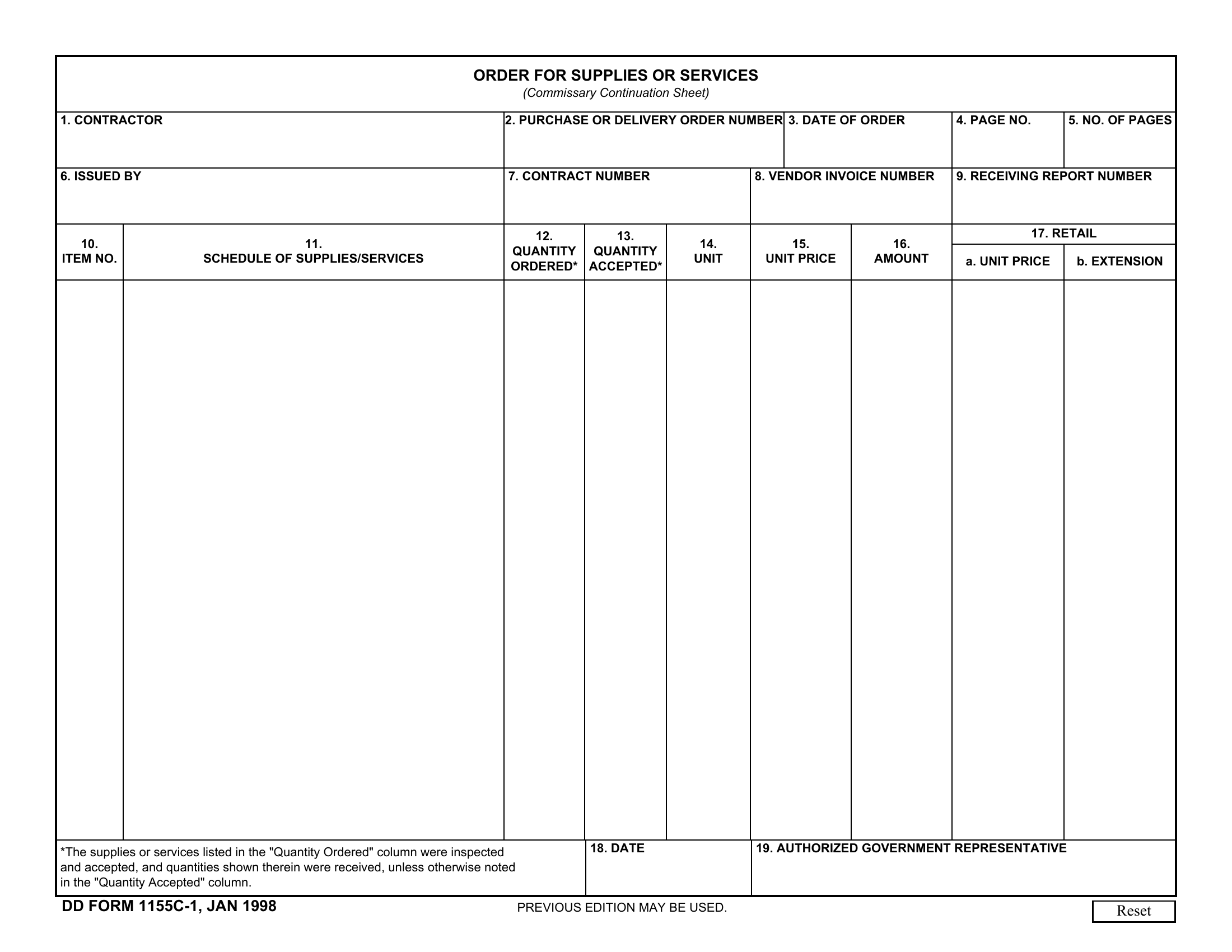 DD Form 1155C 1 Order For Supplies Or Services Commissary