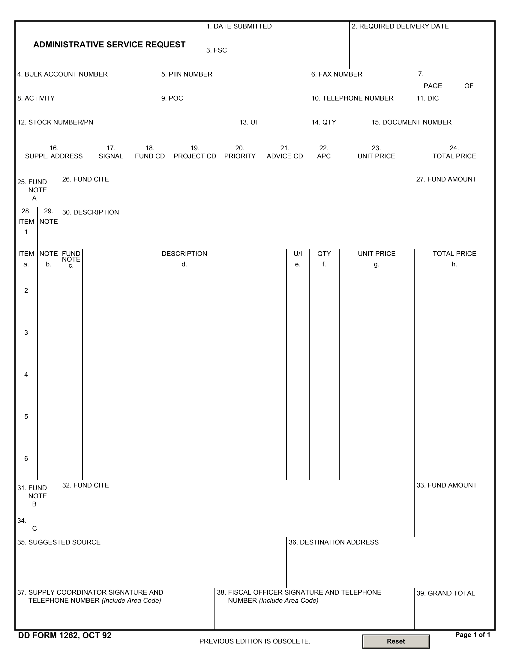 DD Form 1262. Administrative Service Request | Forms - Docs - 2023