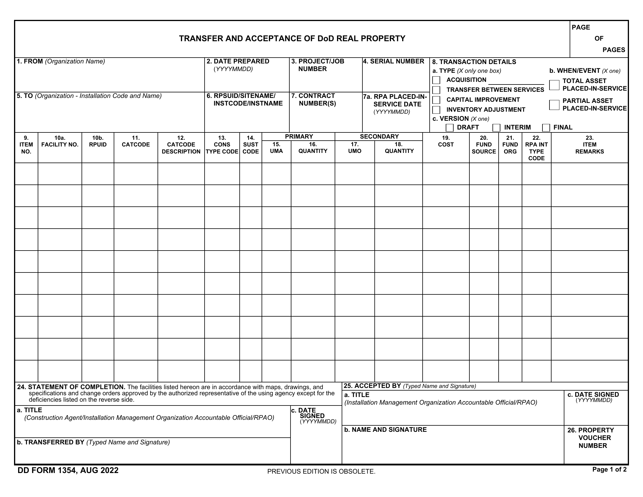 DD Form 1354 Transfer And Acceptance Of DoD Real Property Forms