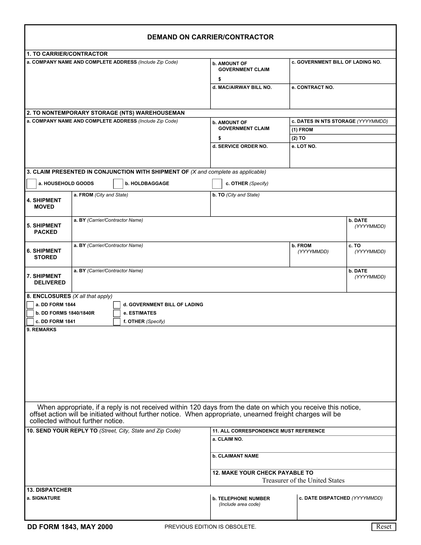 DD Form 1843 Demand On Carrier Contractor Forms Docs 2023