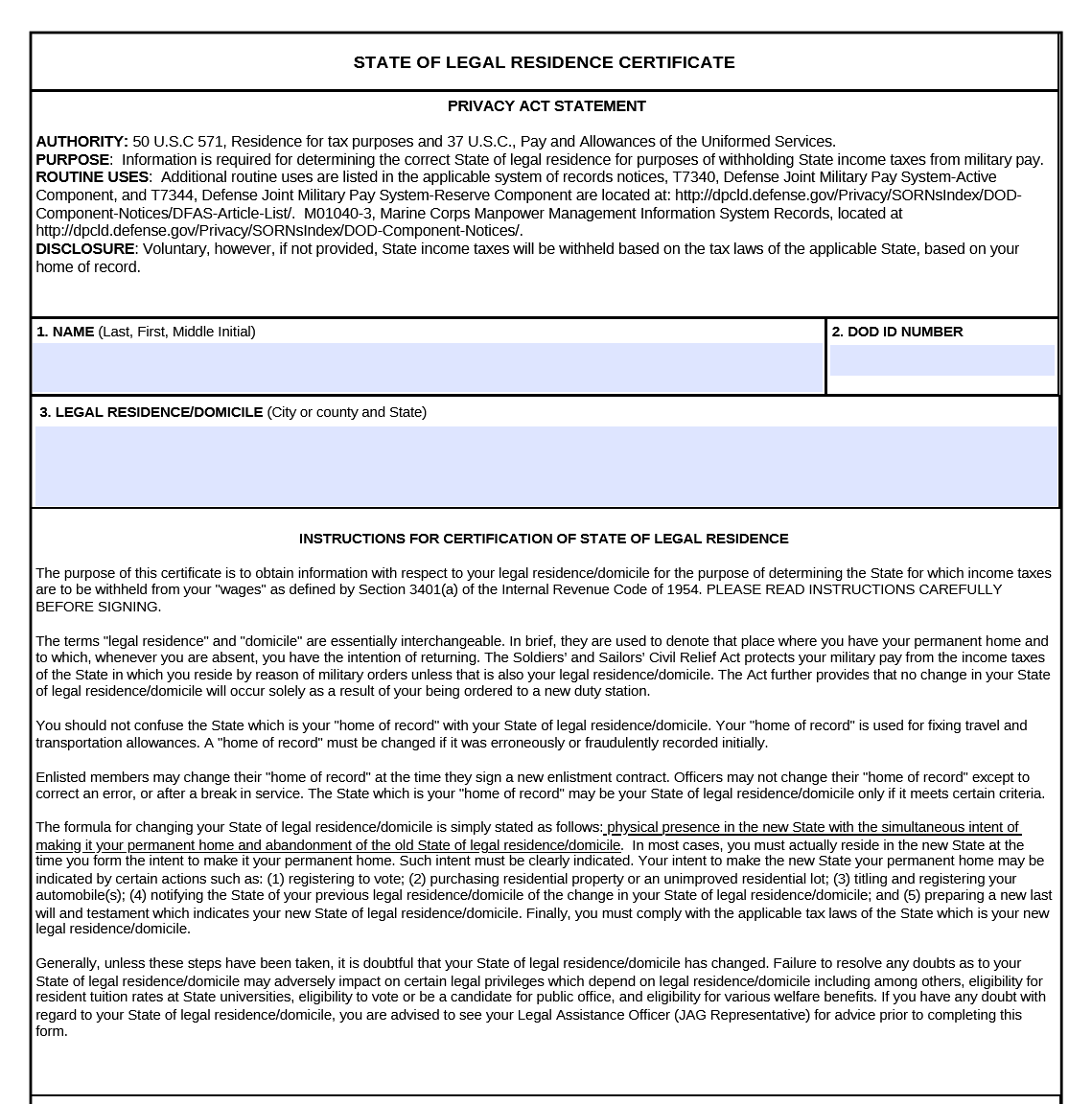 Dd Form 2058 State Of Legal Residence Certificate Forms Docs 2023